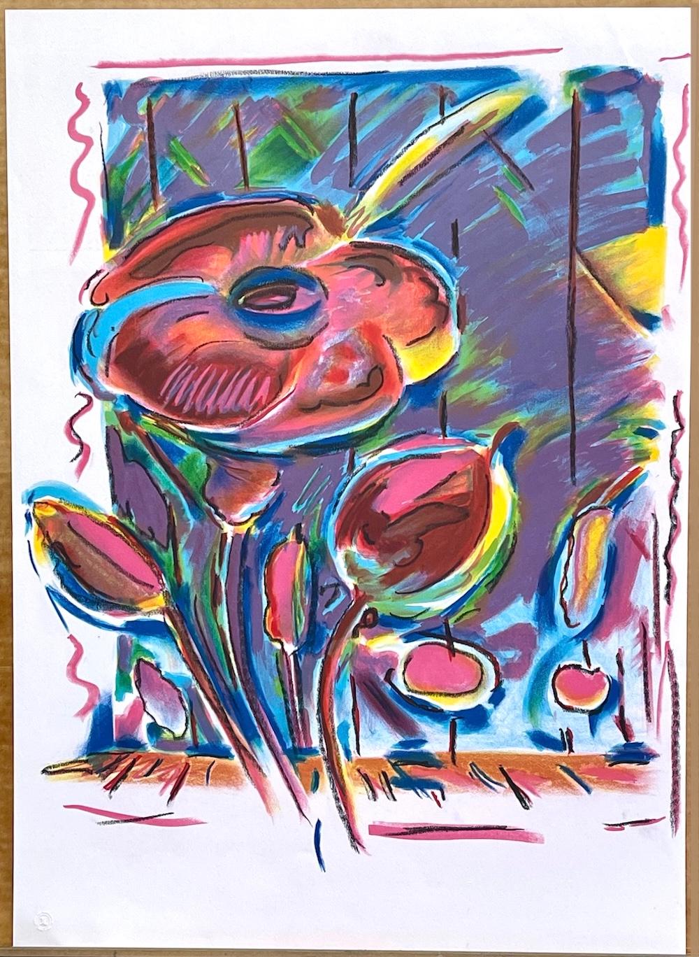 GARDEN FLOWERS Litografia colorata a mano con disegno a pastello, floreale astratto in vendita 4