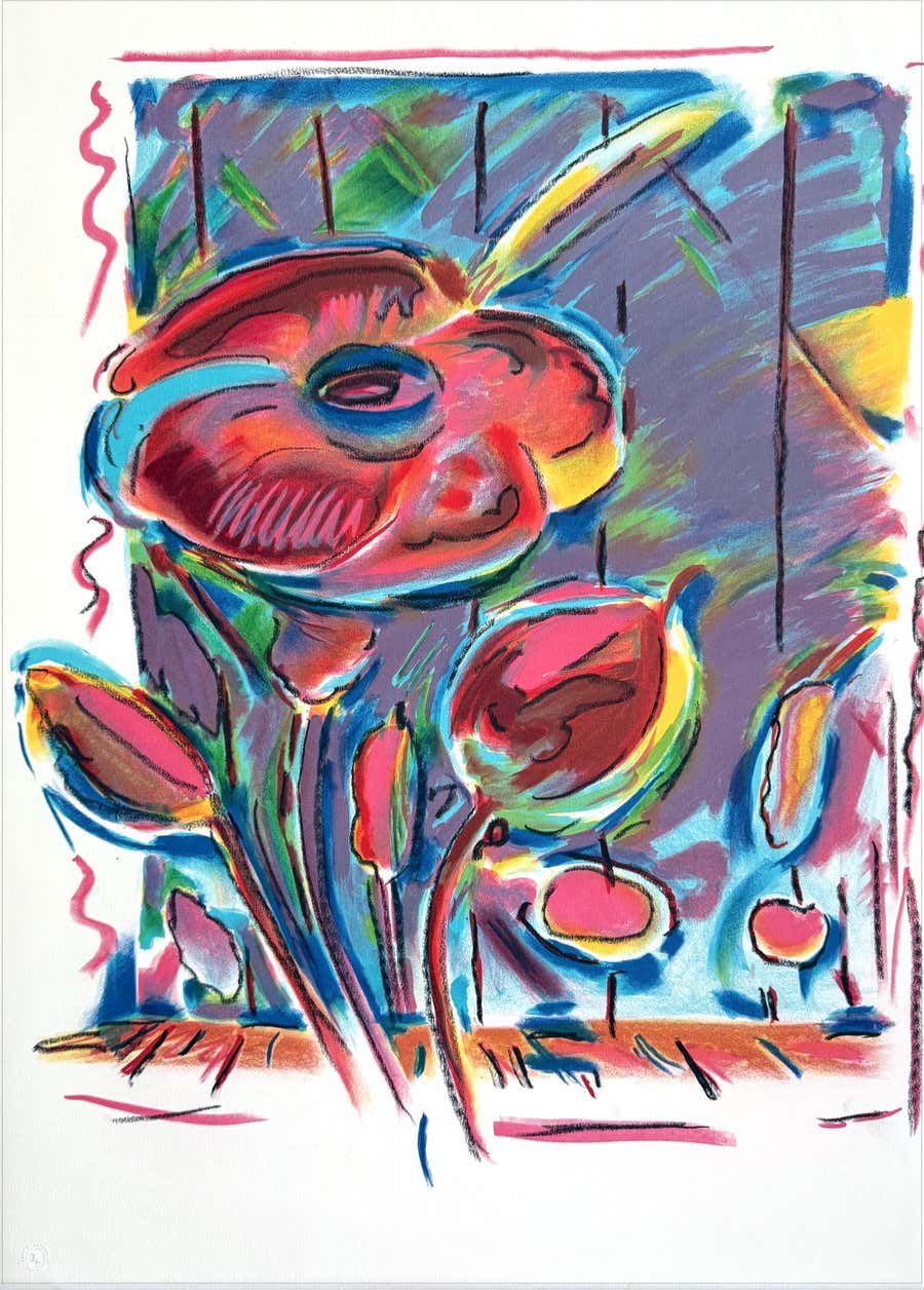 GARDEN FLOWERS Hand Colored Lithograph 1979, Abstract Floral, Pop Art
