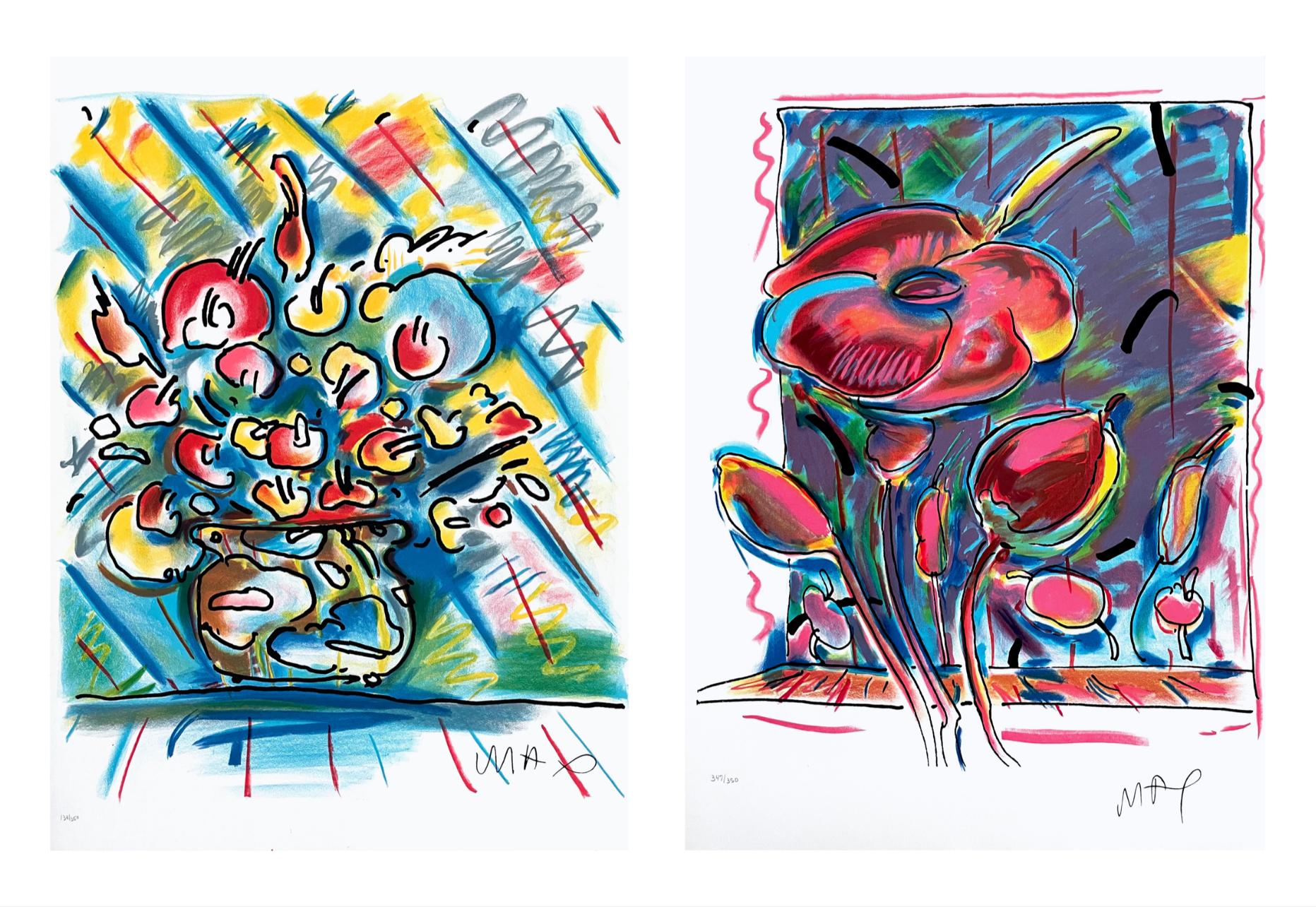 Artist: Peter Max (1937)
Title: Garden Flowers & Vase of Flowers (Two Artworks)
Year: 1979
Edition: 347/350, plus proofs; 143/350, plus proofs
Medium: Lithograph on Somerset paper
Size: 30 x 22 inches
Condition: Good
Inscription: Signed with the