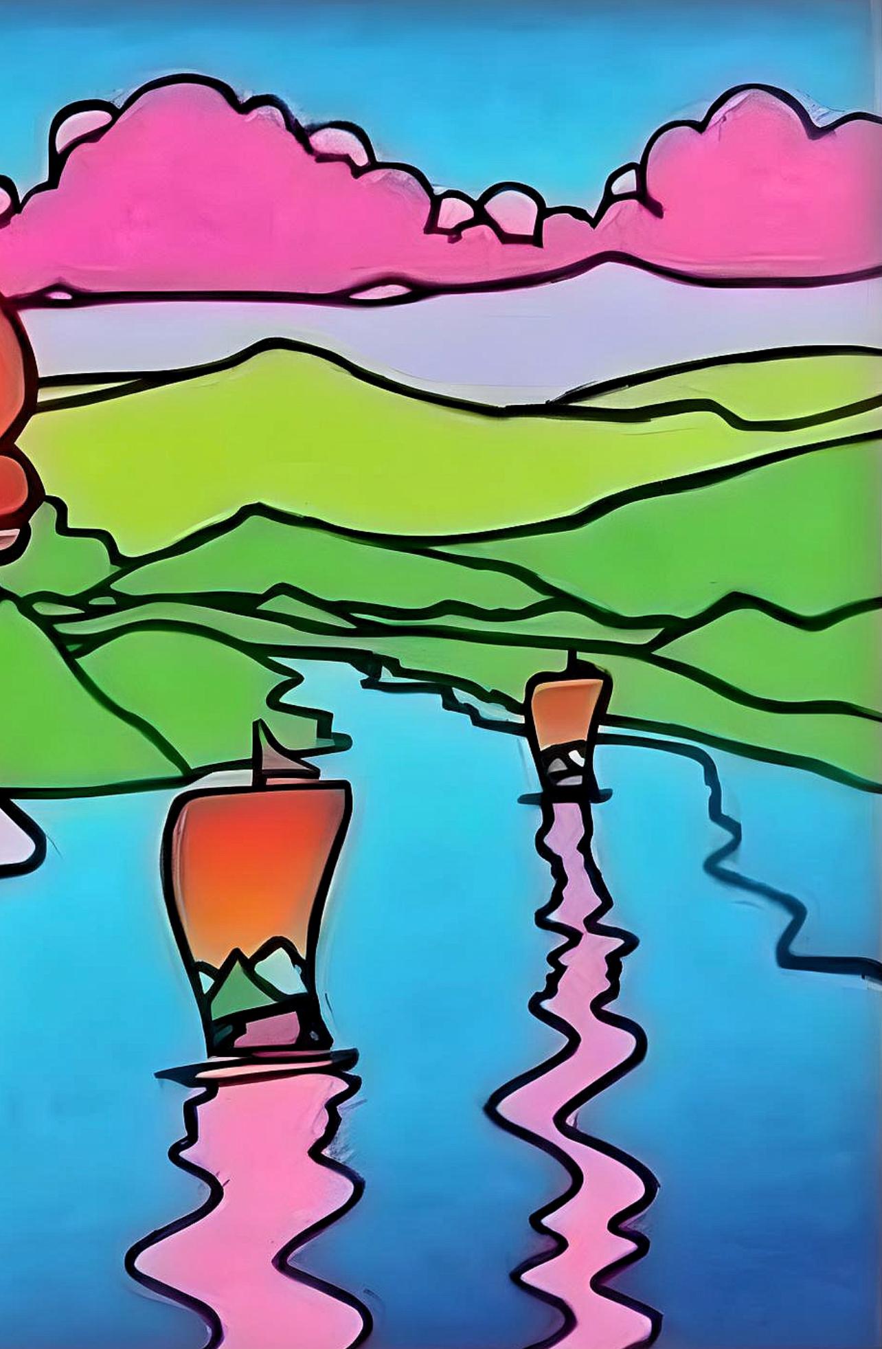 Geometric Profile & Sailboats, Peter Max For Sale 2