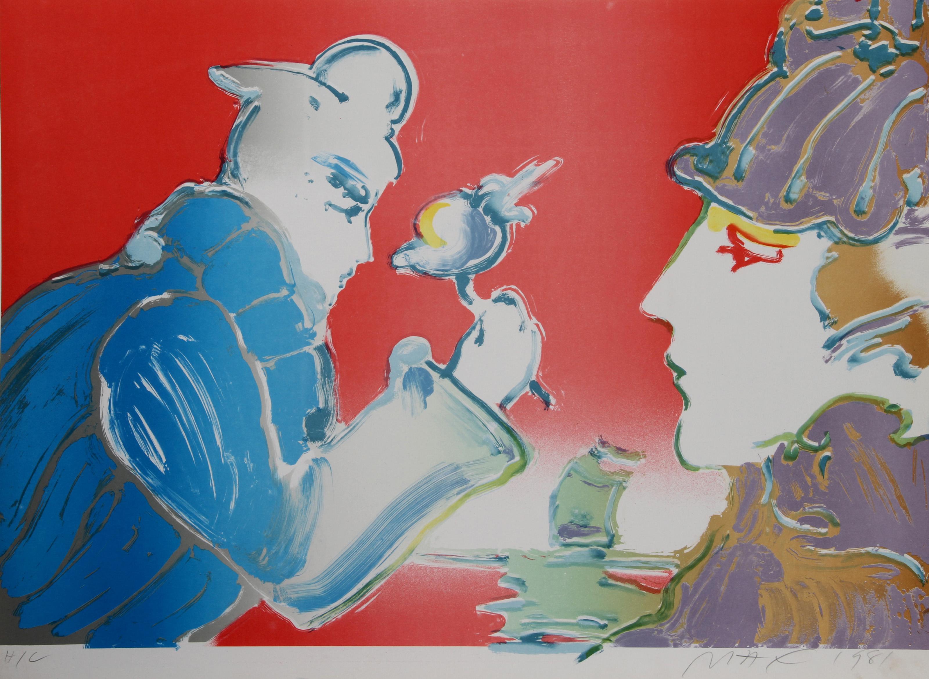 Peter Max, German/American (1937 - ) - Giving of the Flower, Year:  1981, Medium:  Lithograph, signed in pencil, Edition:  165, HC, Image Size:  20 x 29 inches, Size:  21 in. x 30 in. (53.34 cm x 76.2 cm), Description:  This print features two