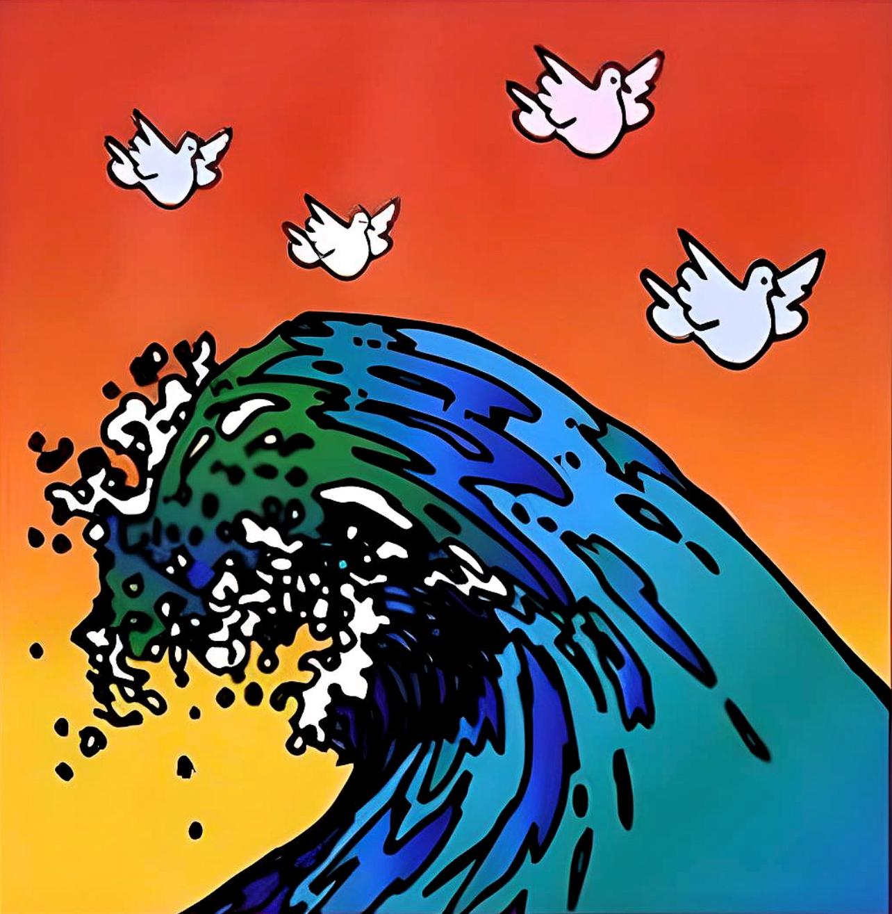 Artist: Peter Max (1937)
Title: Great Wave with Doves
Year: 2002
Edition: 495/500, plus proofs
Medium: Lithograph on Lustro Saxony paper
Size: 4.87 x 4.5 inches
Condition: Excellent
Inscription: Signed and numbered by the artist.
Notes: Published by
