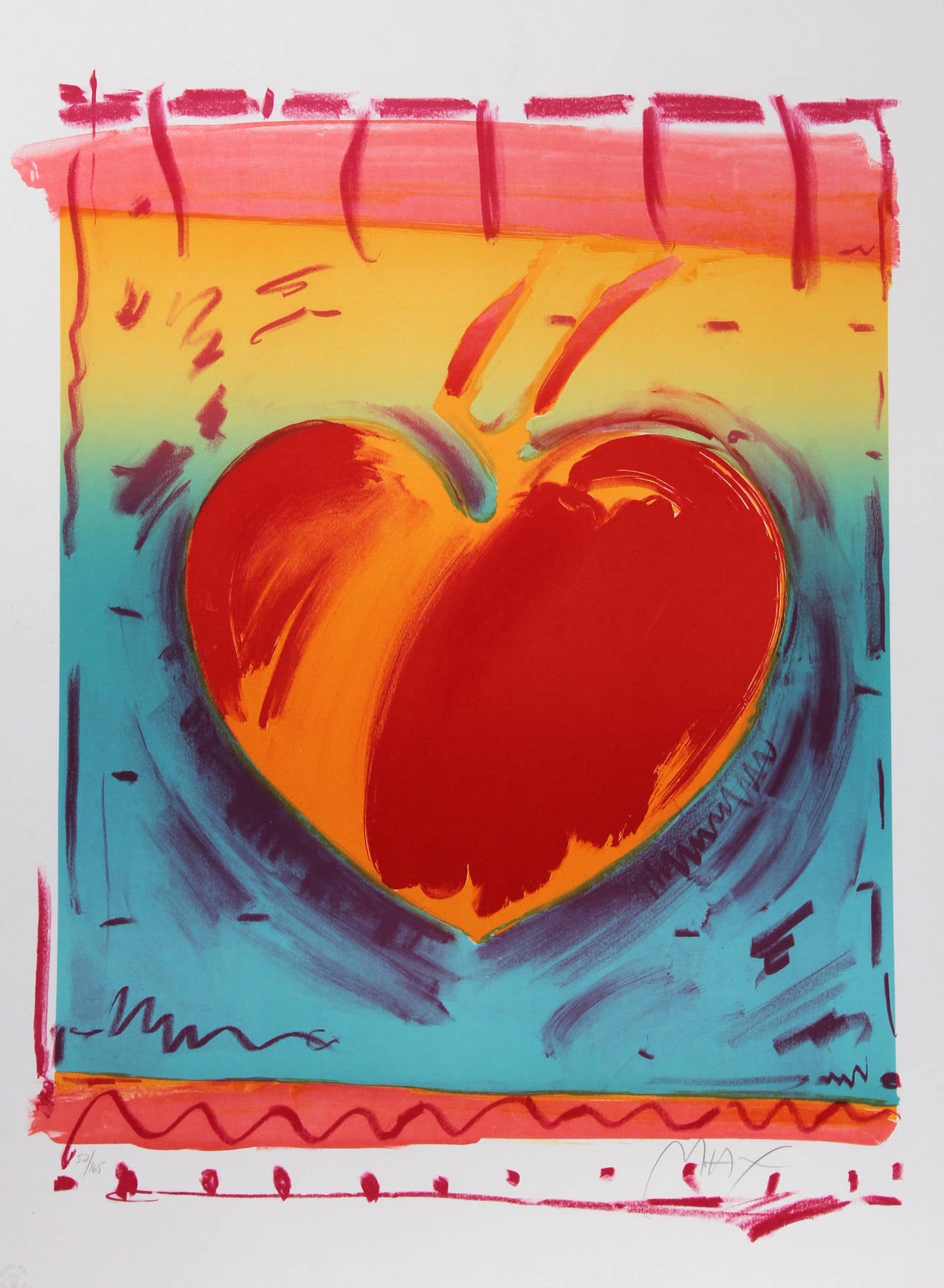 Artist: Peter Max
Title:  Heart II
Year: 1981
Medium: Lithograph, signed and numbered in pencil 
Edition: 165, HC
Image Size: 26 x 20 inches 
Paper Size: 30 in. x 22 in. (76.2 cm x 55.88 cm)