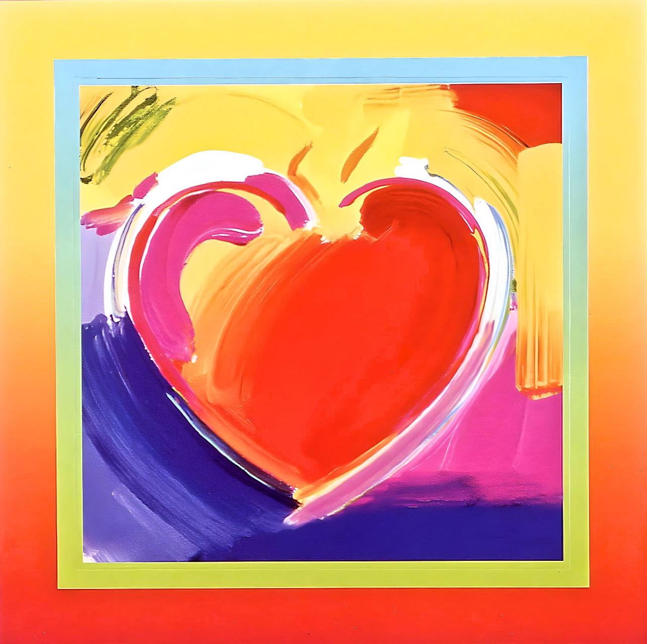 Artist: Peter Max (1937)
Title: Heart on Blends
Year: 2005
Edition: 500/500, plus proofs
Medium: Lithograph on Lustro Saxony paper
Size: 12.75 x 10 inches
Condition: Excellent
Inscription: Signed and numbered by the artist.
Notes: Published by Via