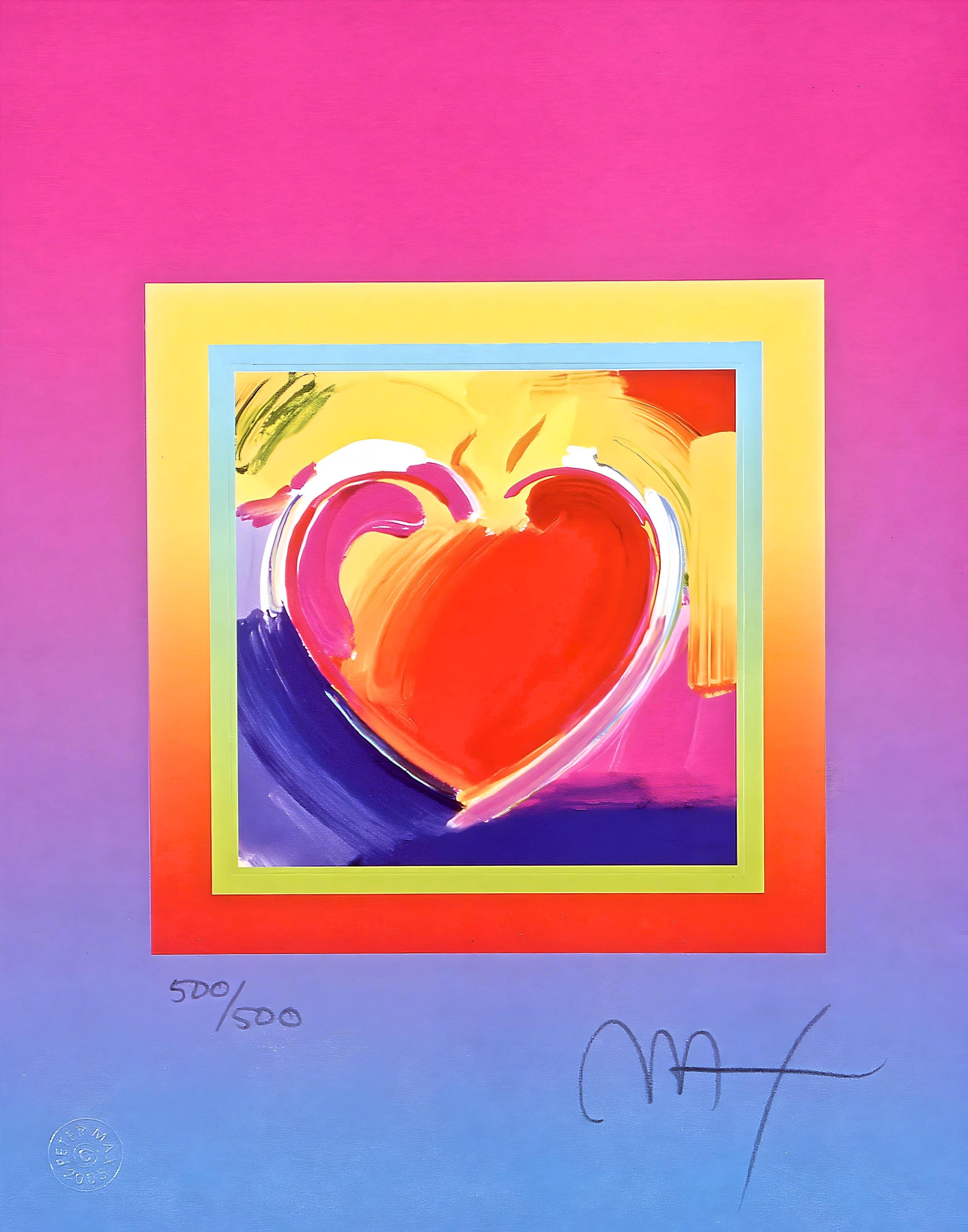 Artist: Peter Max (1937)
Title: Heart on Blends
Year: 2005
Edition: 500/500, plus proofs
Medium: Lithograph on Lustro Saxony paper
Size: 12.75 x 10 inches
Condition: Excellent
Inscription: Signed and numbered by the artist.
Notes: Published by Via