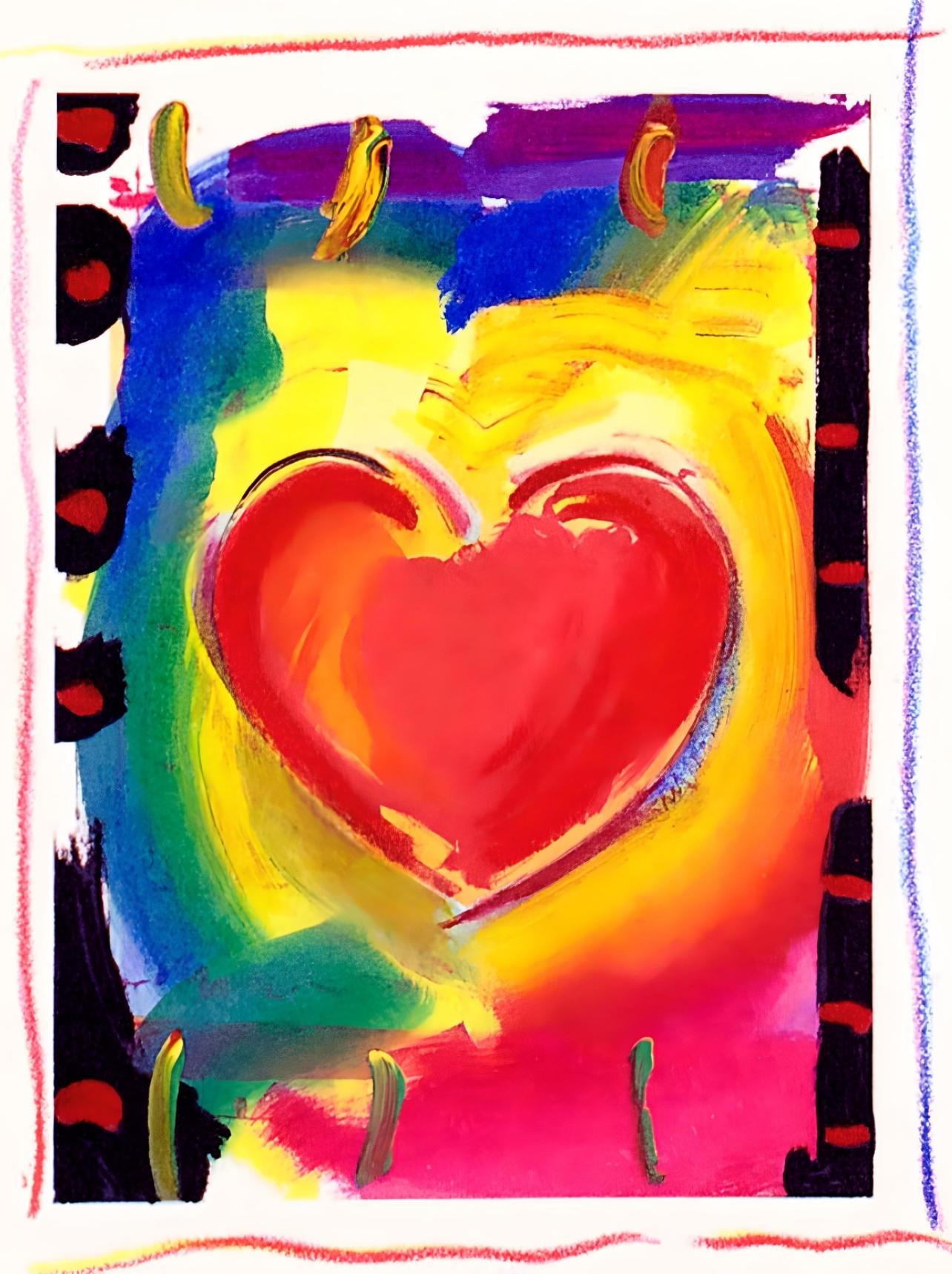 Artist: Peter Max (1937)
Title: Heart Series I
Year: 1998
Edition: 130/300, plus proofs
Medium: Lithograph on Coventry Smooth paper
Size: 5 x 4 inches
Condition: Excellent
Inscription: Signed and numbered by the artist.
Notes: Published by Via