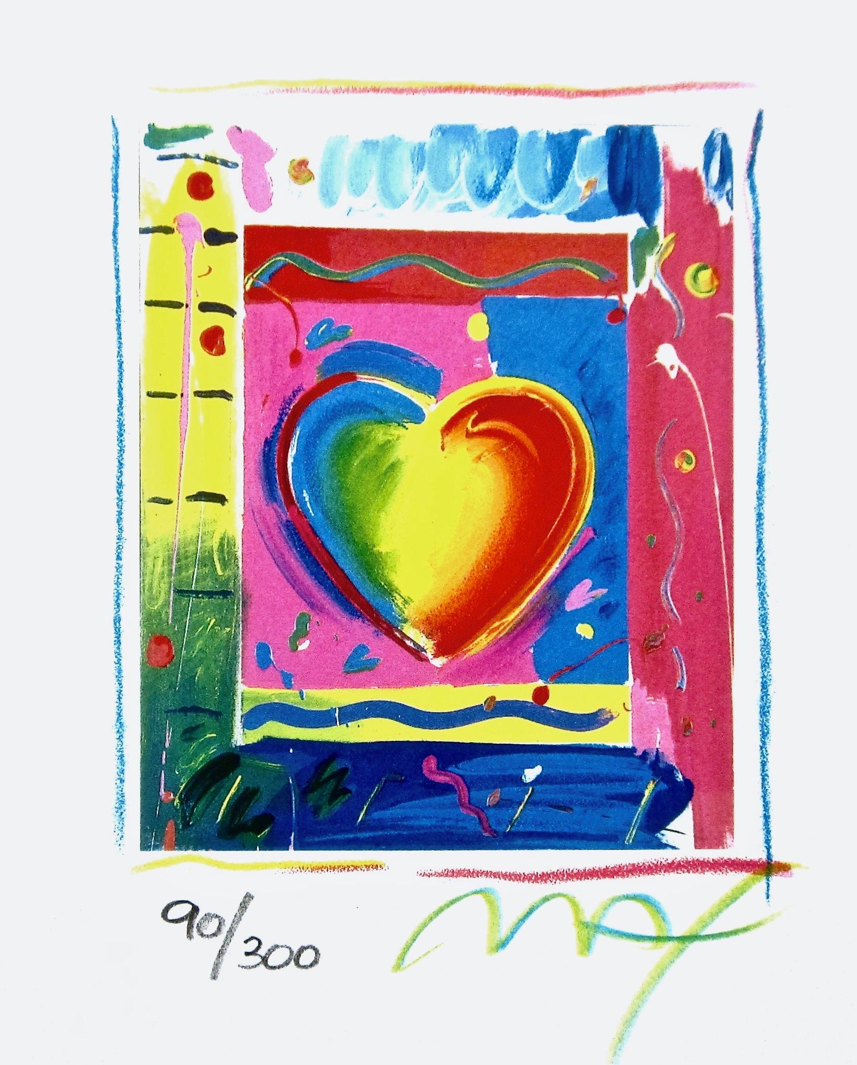 Artist: Peter Max (1937)
Title: Heart Series III
Year: 1998
Edition: 300/300, plus proofs
Medium: Lithograph on Coventry Smooth paper
Size: 5 x 4 inches
Condition: Excellent
Inscription: Signed and numbered by the artist.
Notes: Published by Via