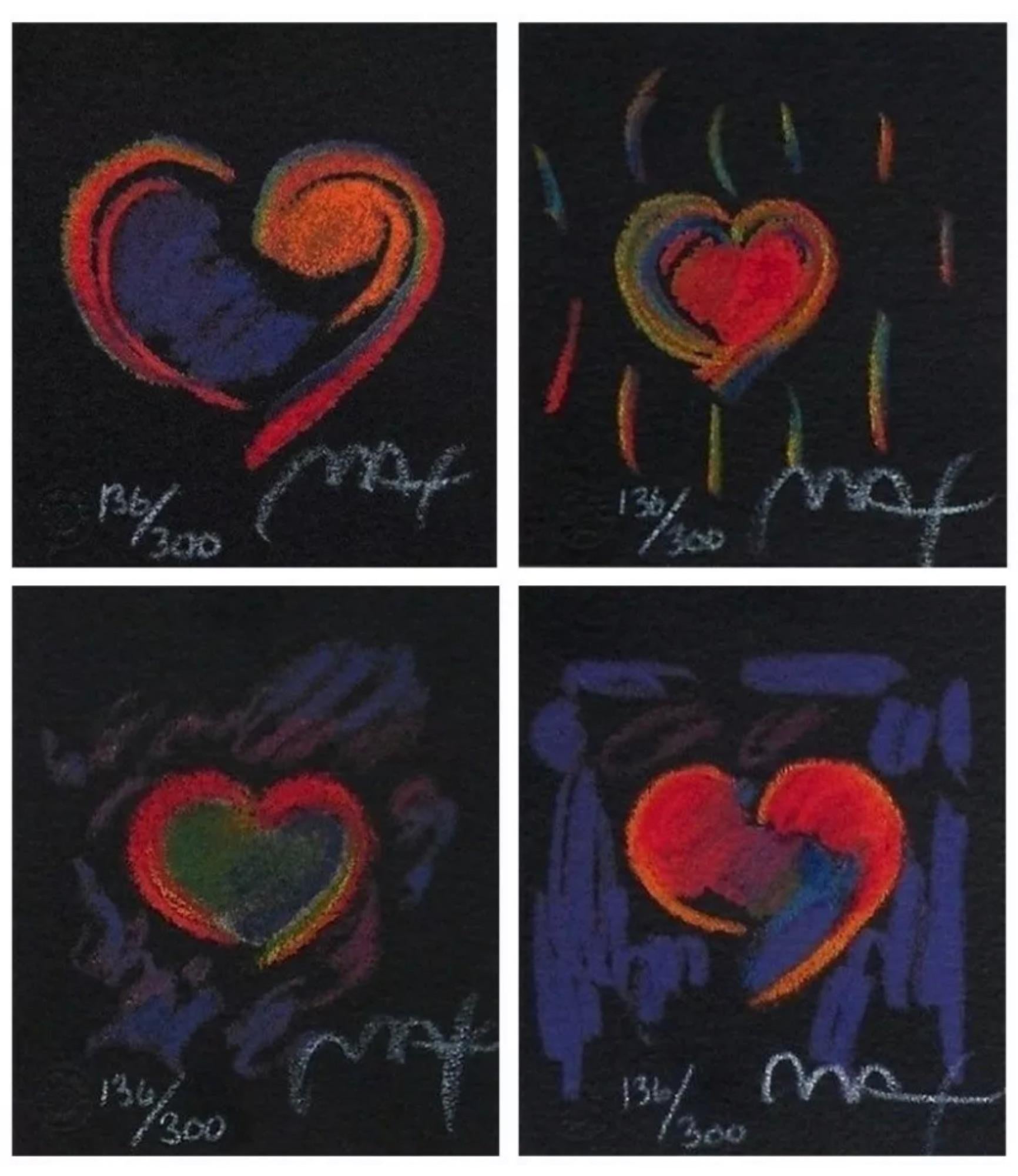 Artist: Peter Max (1937)
Title: Heart Suite III, Four Artworks
Year: 1997
Edition: 300, plus proofs
Medium: Lithograph on Arches paper
Size: 2.75 x 2.5 inches, each.
Condition: Excellent
Inscription: Signed and numbered by the artist.
Notes: