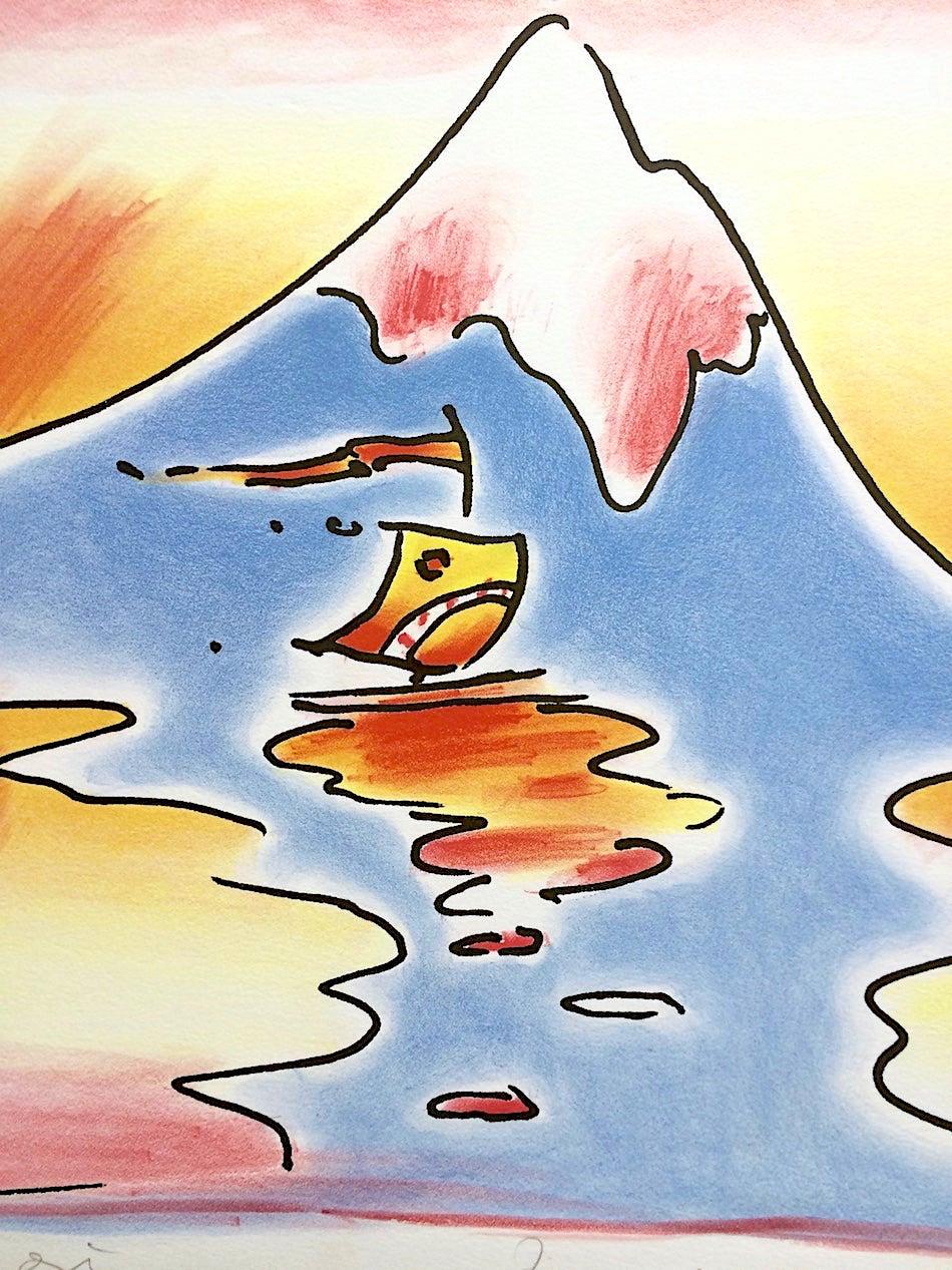 HIMALAYAN  VALLEY Signed Lithograph, Pop Art Landscape, Mountain, Water, Boat - Print by Peter Max