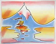 HIMALAYAN  VALLEY Signed Lithograph, Pop Art Landscape, Mountain, Water, Boat