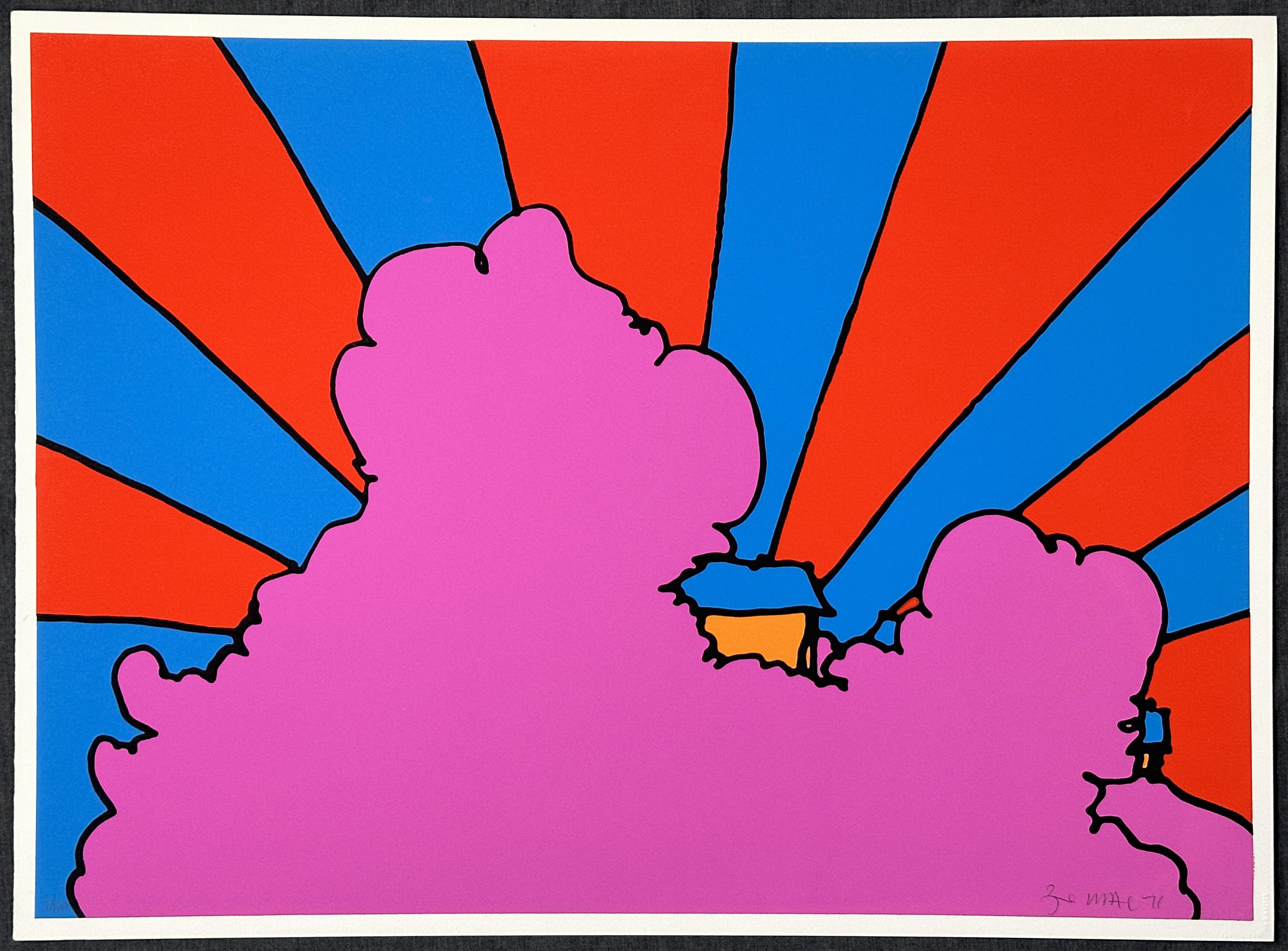 Artist Name: Peter Max
House in the Clouds 
Year: 1971
Medium Type: Silkscreen, on Arches Paper
Size-Width | Size-Height: 22” x 30”
Signed | Edition Size: signed in pencil and numbered 17/100

Beginning in the 1960s Peter Max has been rendering
