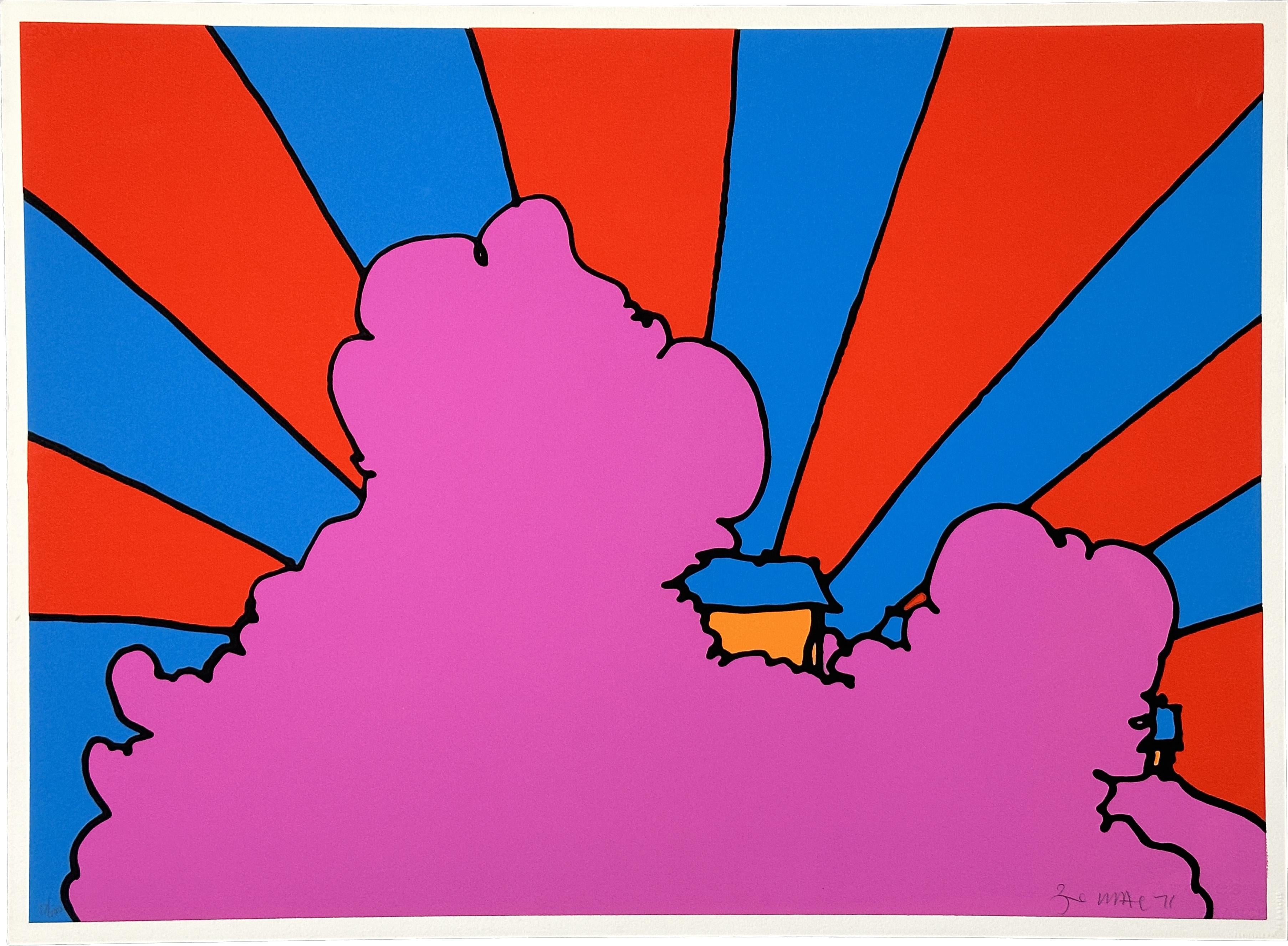 Peter Max Landscape Print – House In the Clouds 1971 Signierter Siebdruck in limitierter Auflage