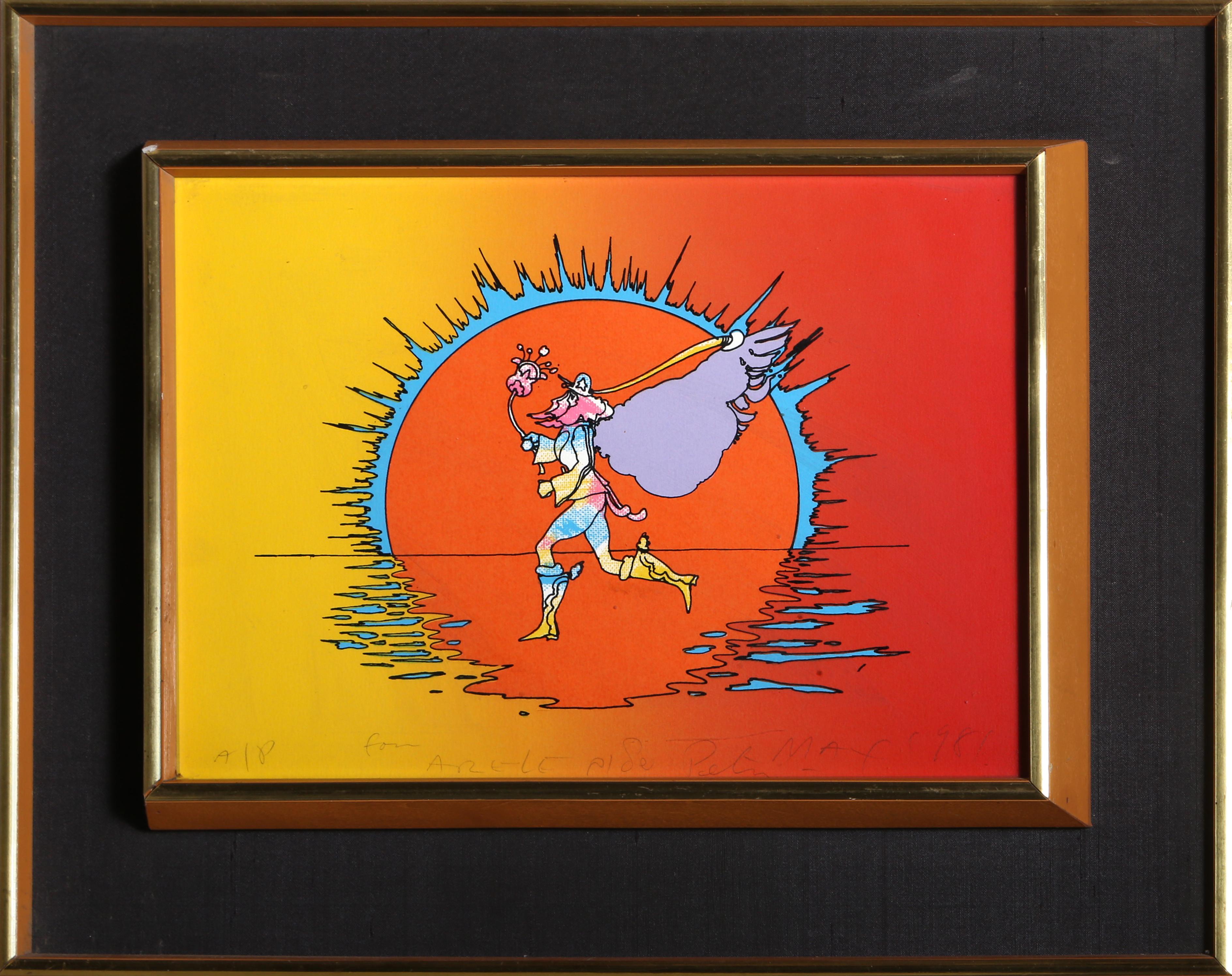 Wenn Serie: Läufer
Peter Max, deutsch/amerikanisch (1937)
Datum: 1981
Siebdruck, mit Bleistift signiert und dediziert
Auflage: A/P
Größe: 25,4 cm x 35,56 cm (10 in. x 14 in.)
Rahmengröße: 16,75 x 20,5 Zoll