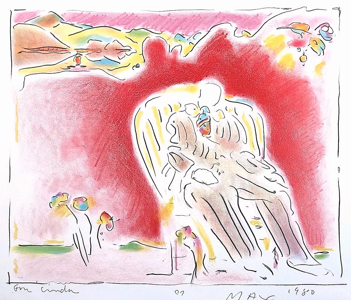 THE GARDEN Signed Lithograph, Pop Art Landscape, Seated Man, Crayon Colors - Print by Peter Max