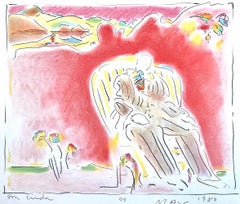 IN THE GARDEN Signed Lithograph, Dreamy Seated Man Portrait, Crayon Colours