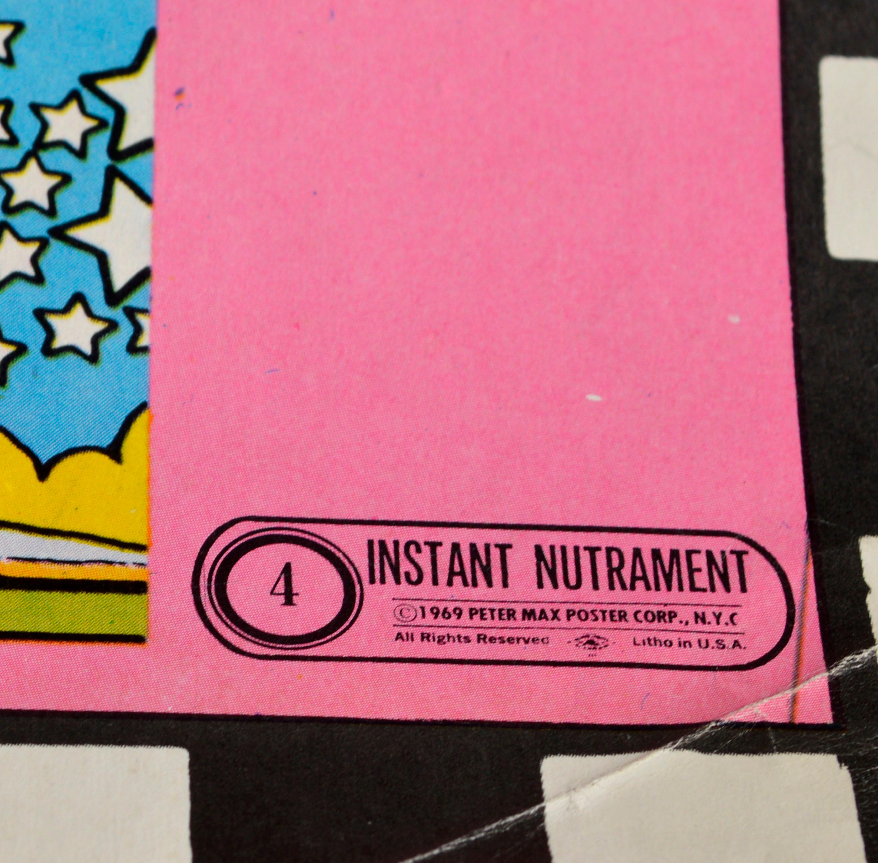Instant Nutriment #4, 1969 - Modern Pop Art Psychedelic Print

 A vintage psychedelic print, Instant Nutriment #4, 1969 by Peter Max (German, b. 1937). Unframed. Shipped Rolled in tube. Some edge wear to paper. Image: 36