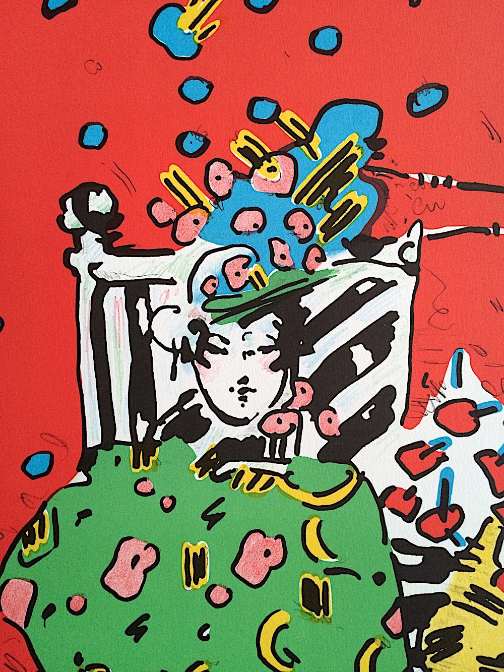LADY IN GREEN Signed Lithograph, Seated Woman Green Dress, Red Wall, Pop Art - Print by Peter Max