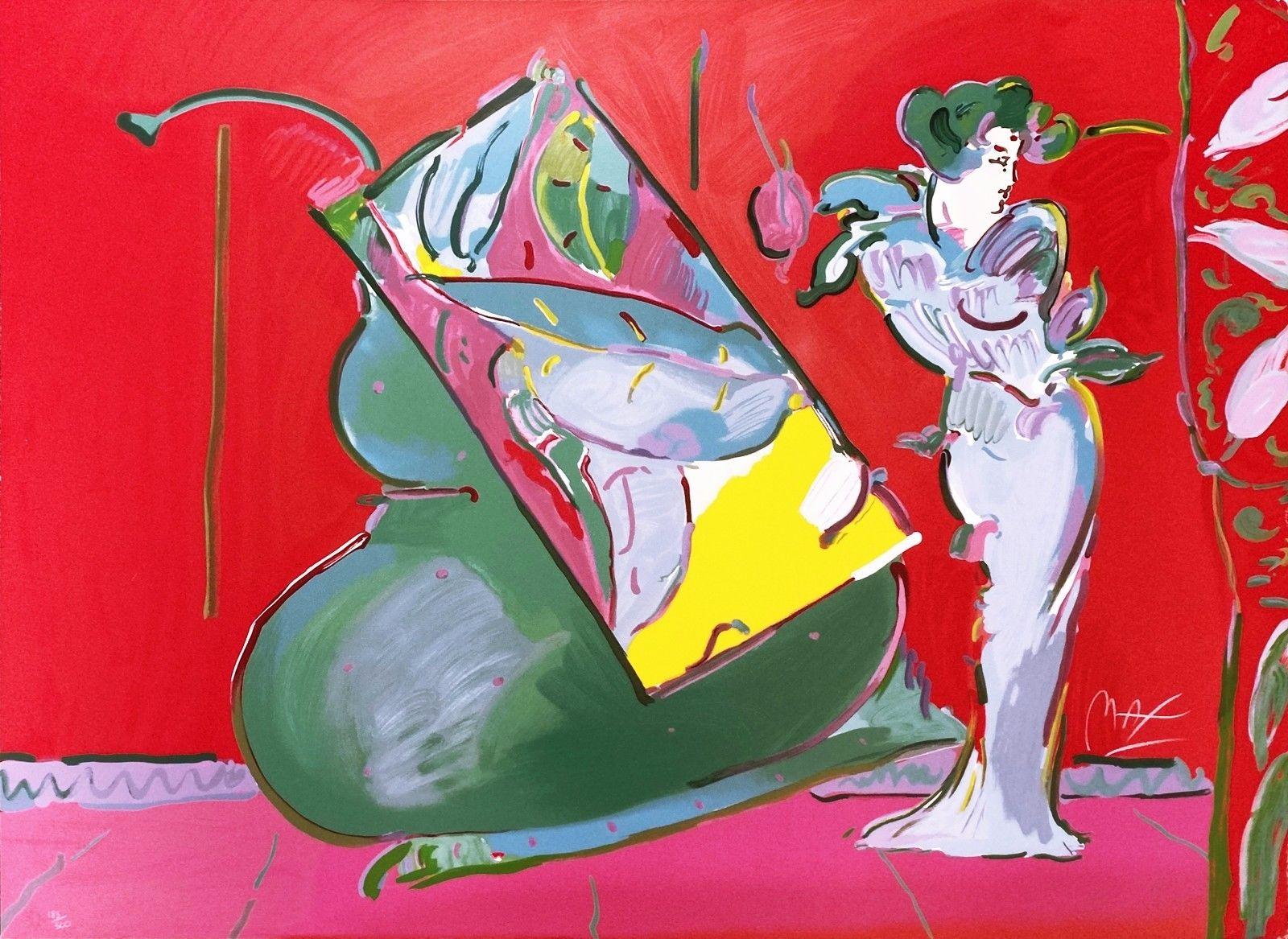 Peter Max Figurative Print – LADY ON RED WITH FLOATING VASE