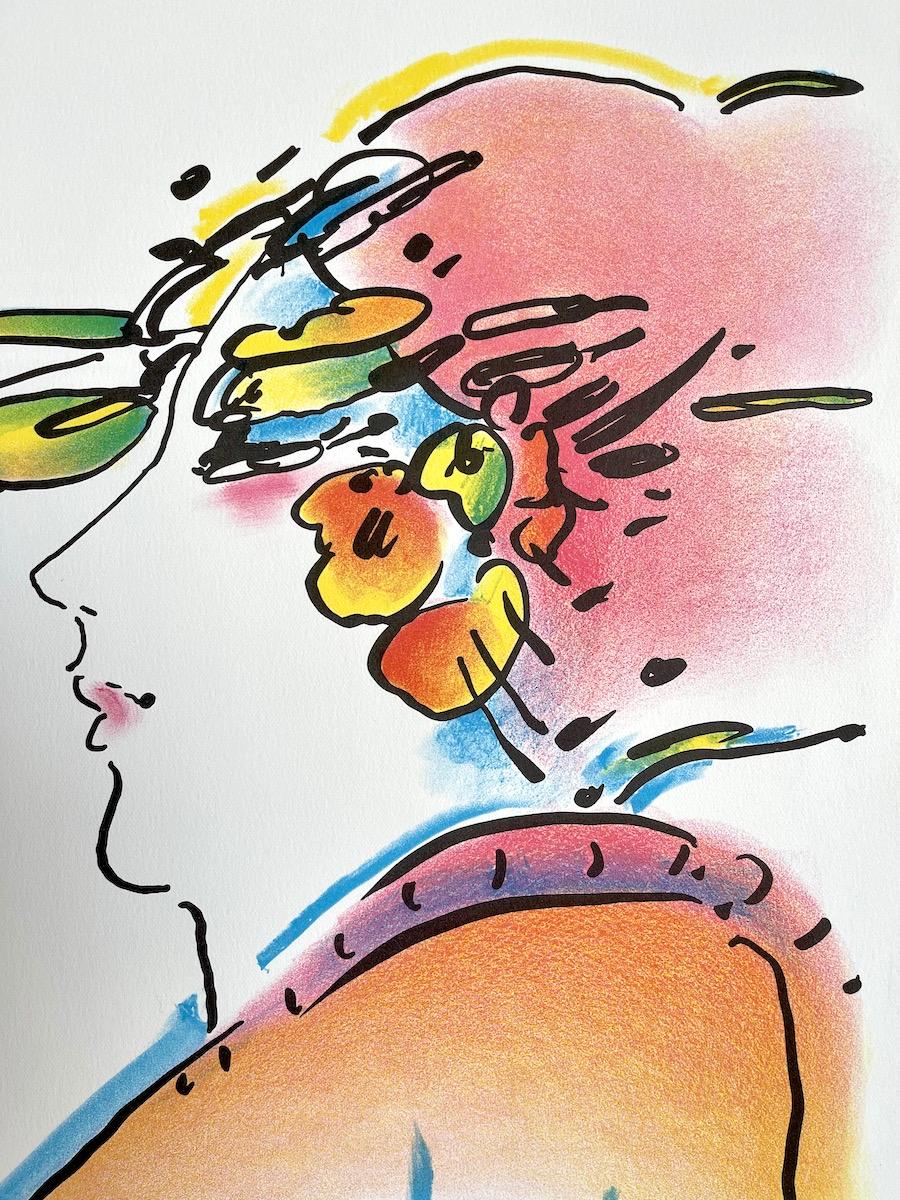 LADY WITH FEATHERS Signed Lithograph, Woman's Face Profile, Exotic Feather Hat - Print by Peter Max