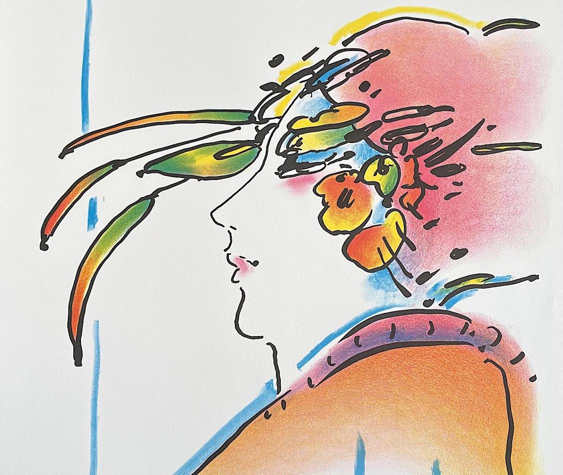 SEÑORA CON PLUMAS Litografía firmada, rostro de mujer de perfil, sombrero de plumas exóticas - Print de Peter Max