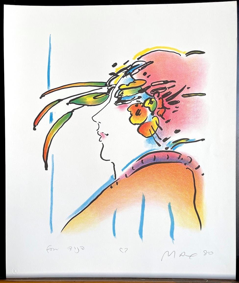 SEÑORA CON PLUMAS Litografía firmada, rostro de mujer de perfil, sombrero de plumas exóticas en venta 3
