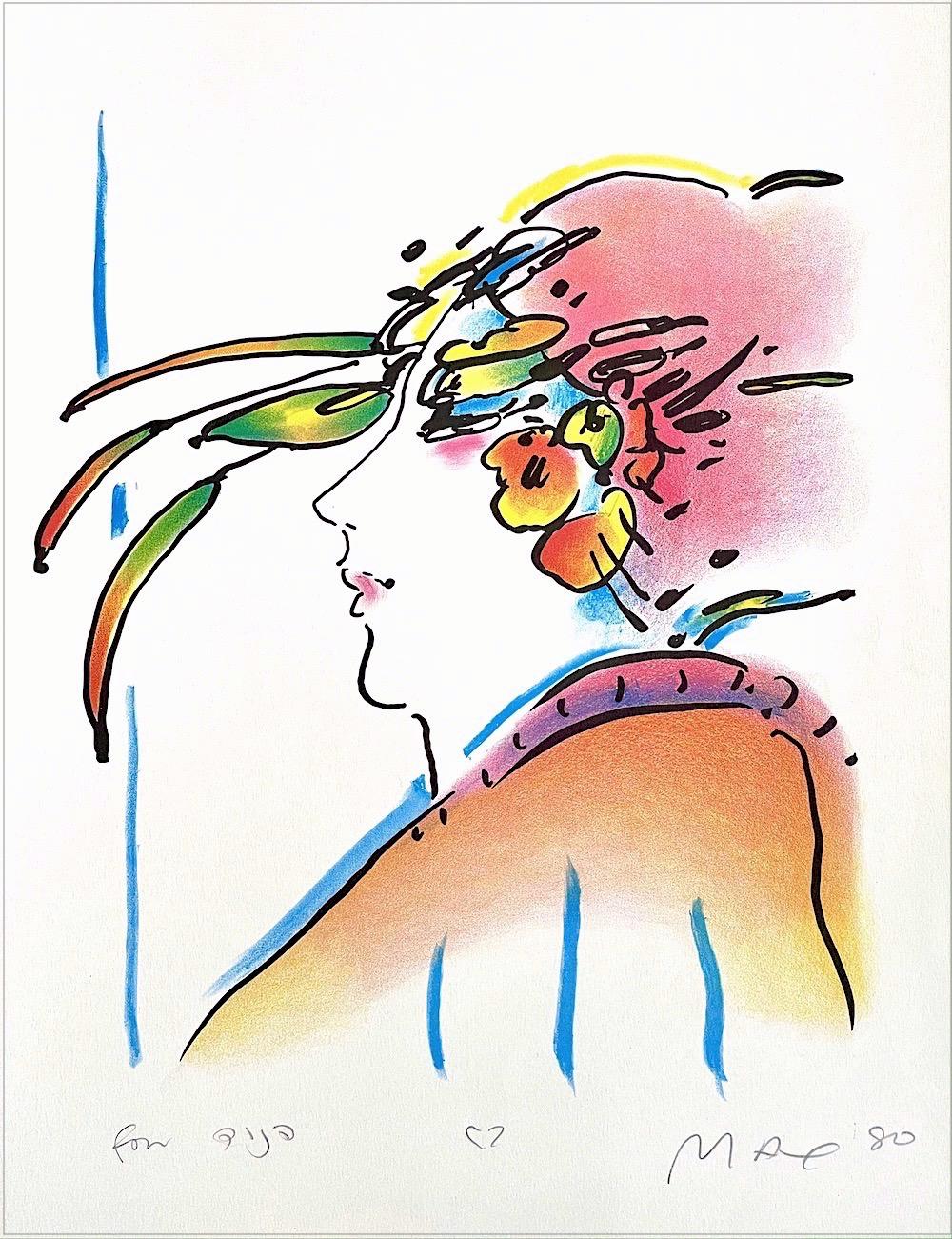 Landscape Print de Peter Max - SEÑORA CON PLUMAS Litografía firmada, rostro de mujer de perfil, sombrero de plumas exóticas