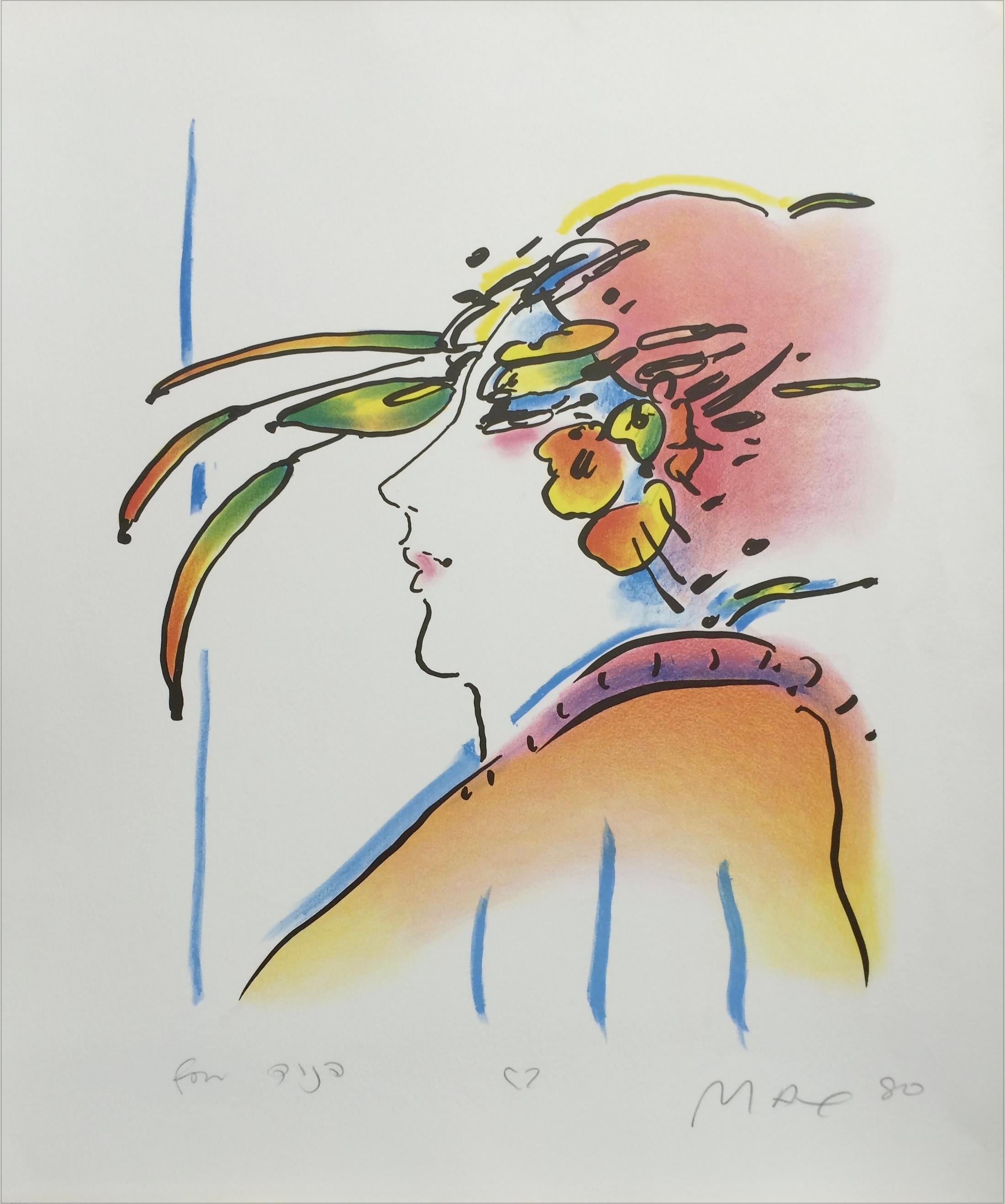 LADY WITH FEATHERS Signierte Lithographie, Frauengesichtsprofil, exotischer Federhut, signiert