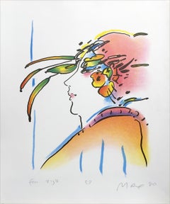 LADY WITH FEATHERS Signed Lithograph, Woman's Face Profile, Exotic Feather Hat