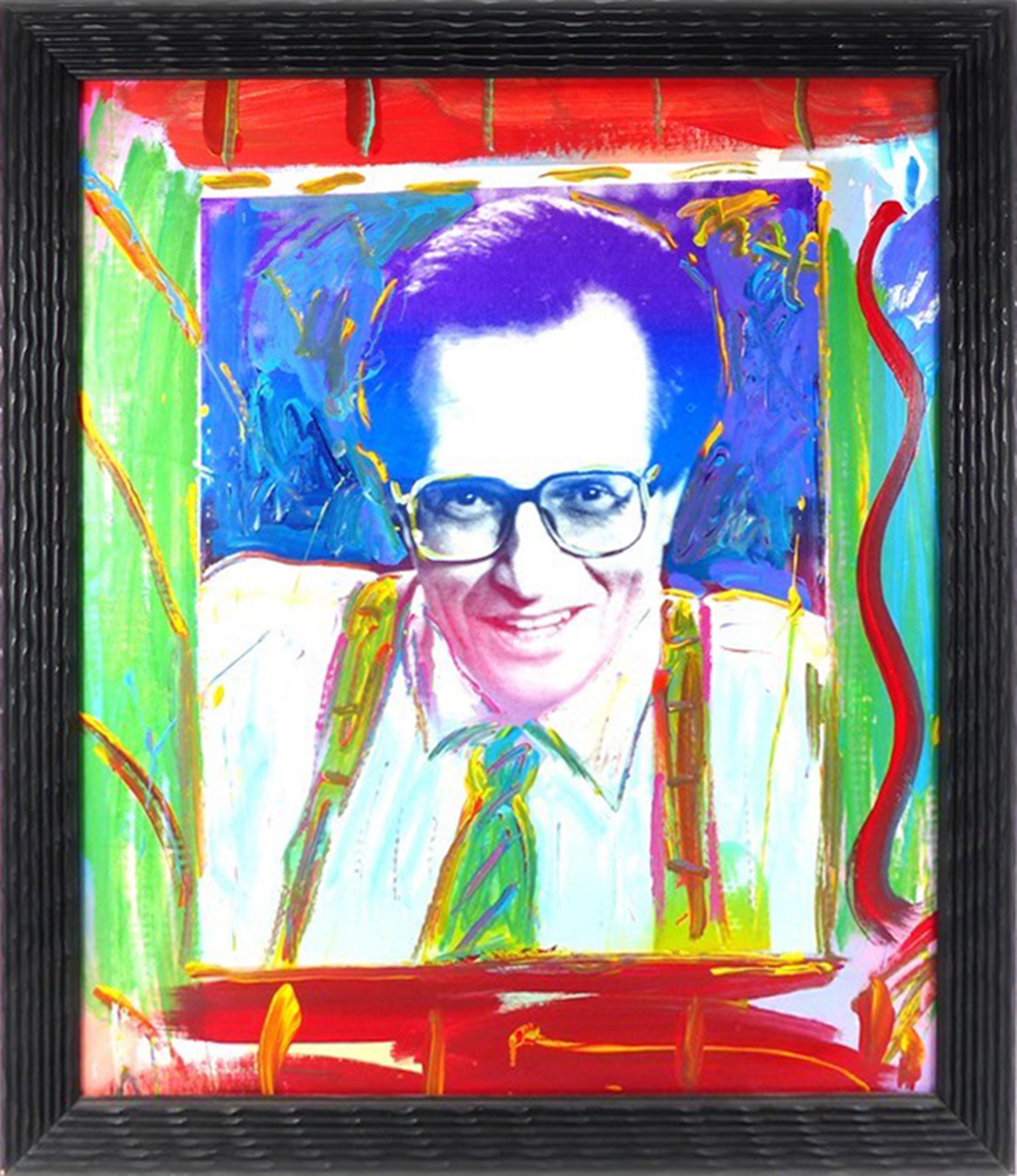 A Psychedelic, Pop Art portrait of a young Larry King by artist Peter Max. This screenprint on canvas is part of a small series of 4 and is nicely framed.

Larry King I
Peter Max, German/American (1937)
Date: 1994
Acrylic Screenprint on Canvas,