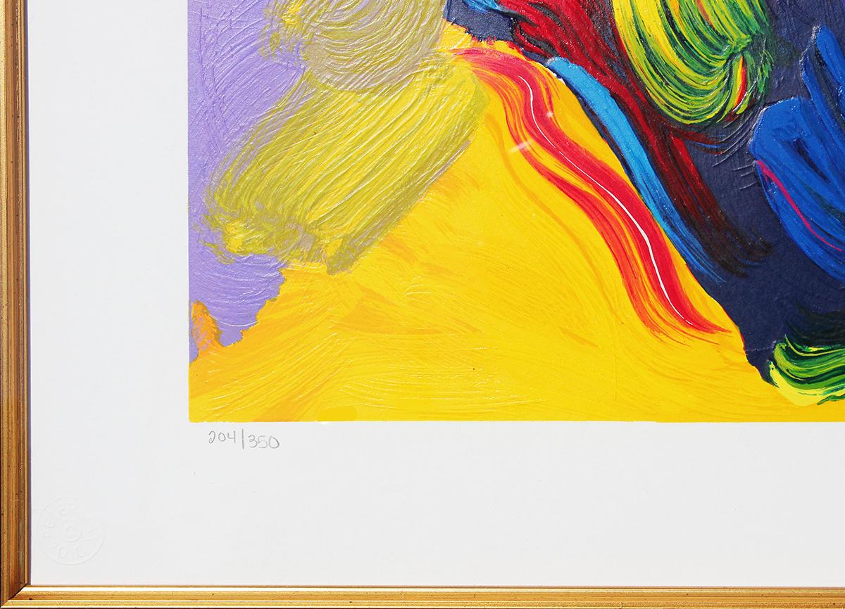 Pink, lavender, yellow, and orange toned serigraph by German-American artist Peter Max. Abstract figurative pop culture serigraph (Edition 204/350) depicting the head of the Statue of Liberty. Signed 