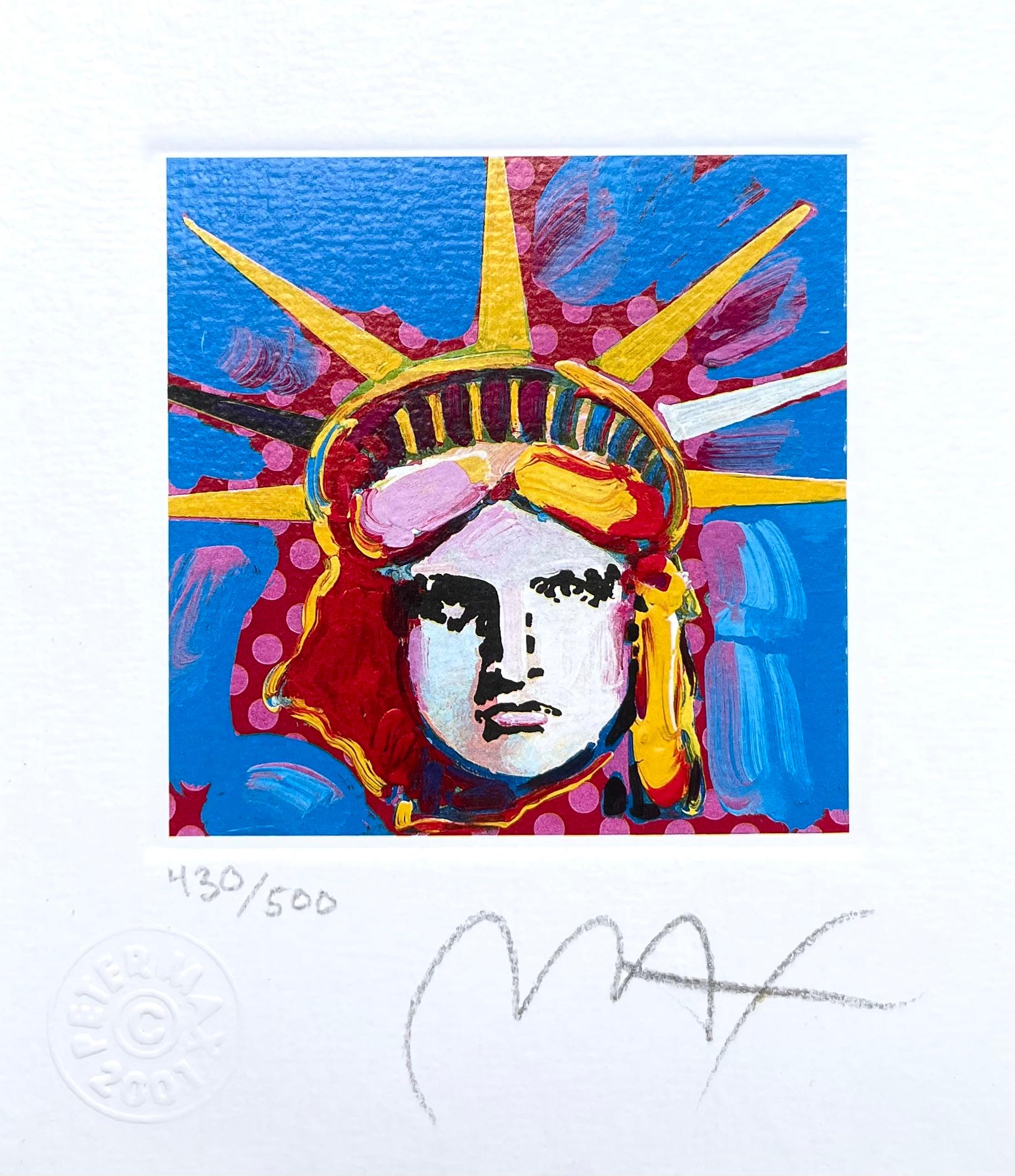 Artist: Peter Max (1937)
Title: Liberty Head I
Year: 2001
Edition: 430/500, plus proofs
Medium: Lithograph on Lustro Saxony paper
Size: 3.43 x 2.62 inches
Condition: Excellent
Inscription: Signed and numbered by the artist.
Notes: Published by Via