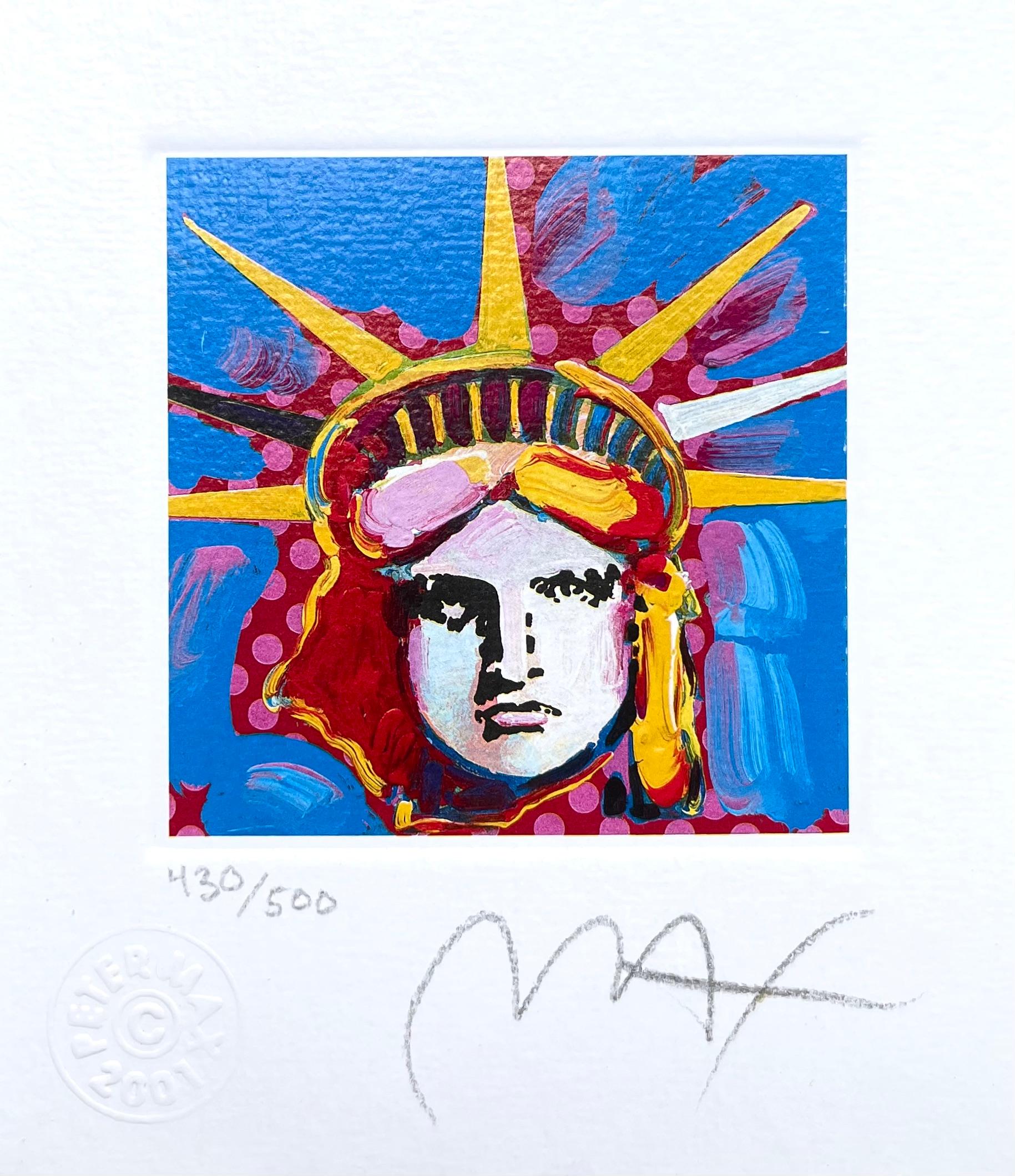 Artist: Peter Max (1937)
Title: Liberty Head I
Year: 2001
Edition: 430/500, plus proofs
Medium: Lithograph on Lustro Saxony paper
Size: 3.5 x 3 inches
Condition: Excellent
Inscription: Signed and numbered by the artist.
Notes: Published by Via