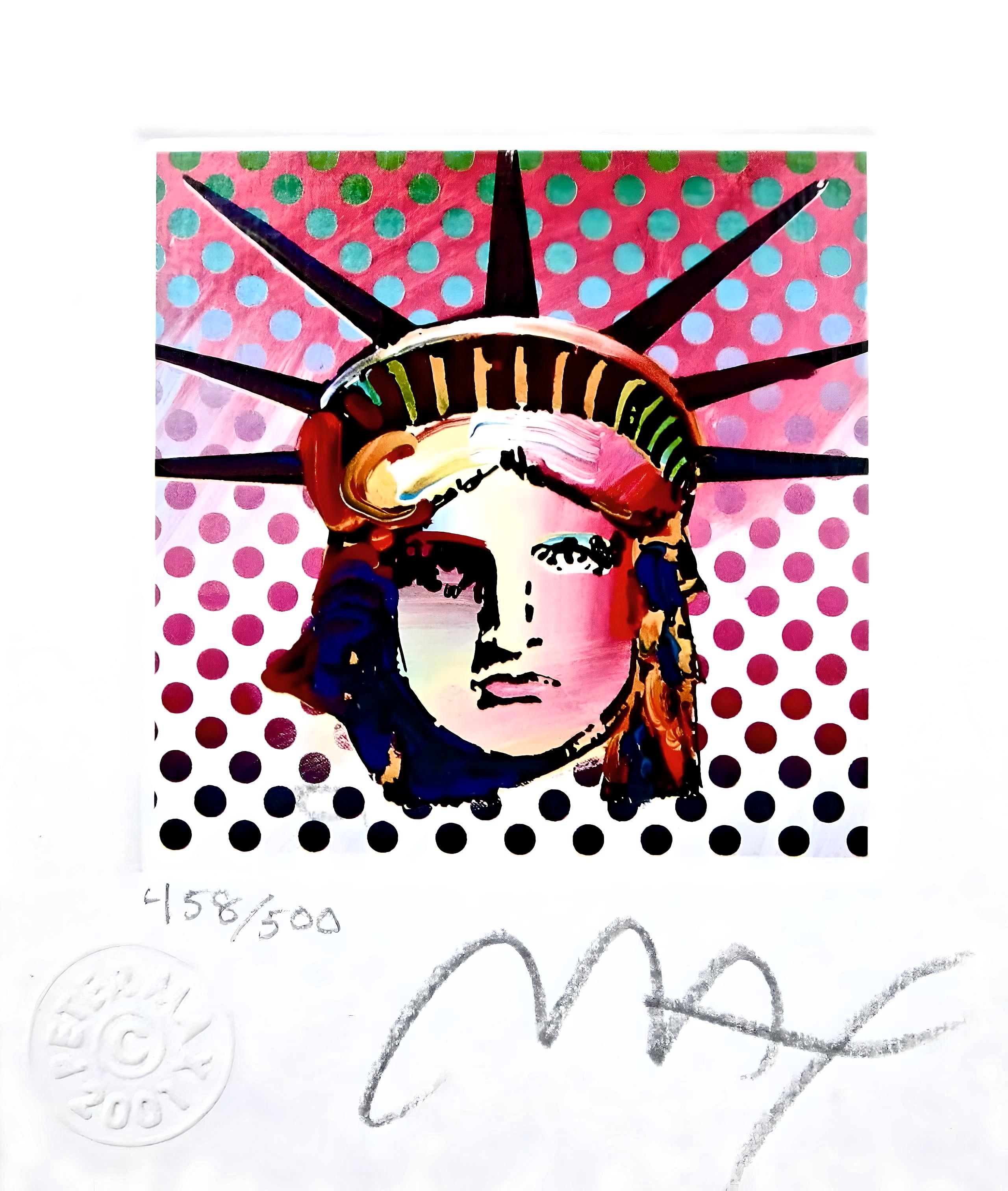 Artist: Peter Max (1937)
Title: Liberty Head II
Year: 2001
Edition: 458/500, plus proofs
Medium: Lithograph on Lustro Saxony paper
Size: 3.5 x 3 inches
Condition: Excellent
Inscription: Signed and numbered by the artist.
Notes: Published by Via