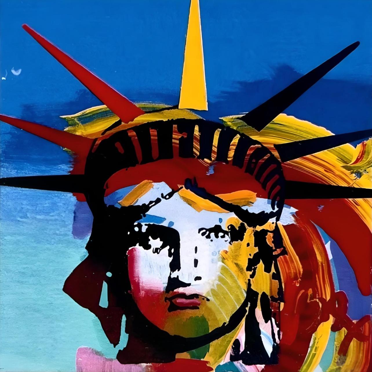 Artist: Peter Max (1937)
Title: Liberty Head III
Year: 2001
Edition: 485/500, plus proofs
Medium: Lithograph on Lustro Saxony paper
Size: 3.5 x 3 inches
Condition: Excellent
Inscription: Signed and numbered by the artist.
Notes: Published by Via