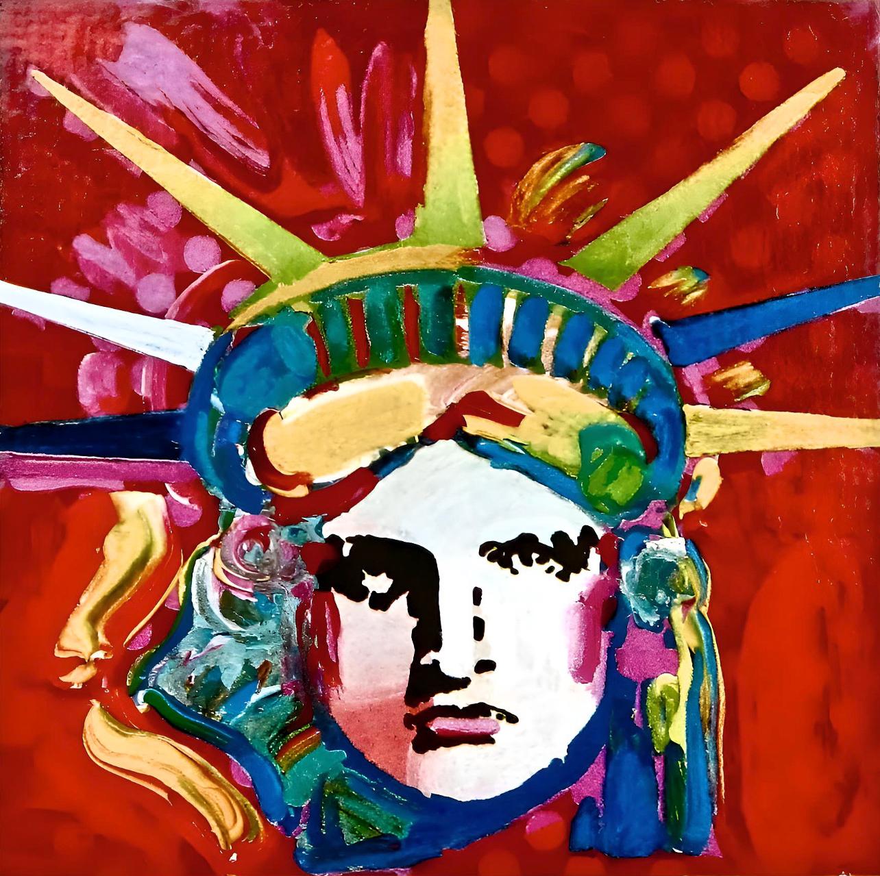 Artist: Peter Max (1937)
Title: Liberty Head IV
Year: 2001
Edition: 454/500, plus proofs
Medium: Lithograph on Lustro Saxony paper
Size: 3.5 x 3 inches
Condition: Excellent
Inscription: Signed and numbered by the artist.
Notes: Published by Via