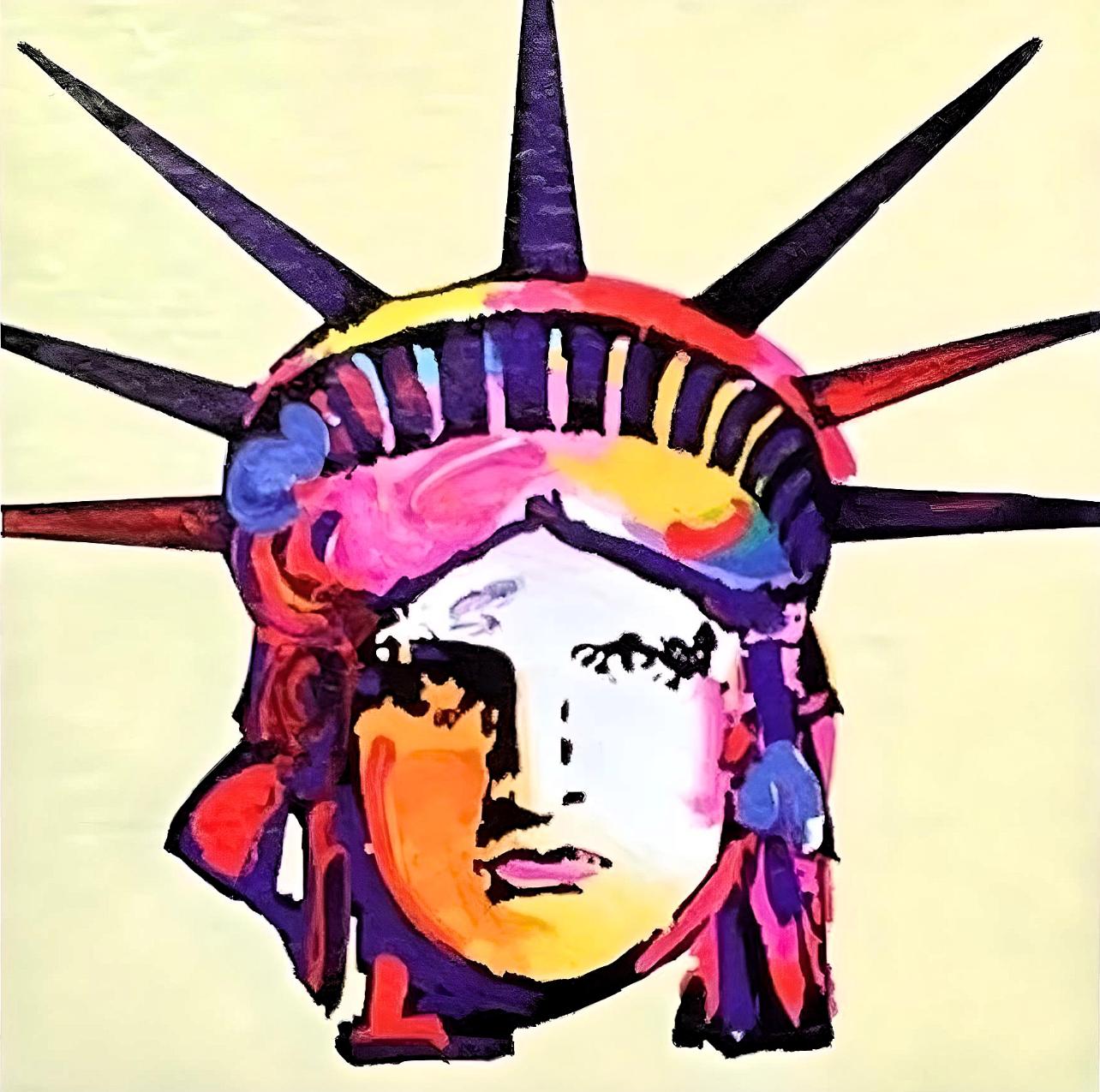 Artist: Peter Max (1937)
Title: Liberty Head IX
Year: 2003
Edition: 491/500, plus proofs
Medium: Lithograph on Lustro Saxony paper
Size: 3.43 x 2.62 inches
Condition: Excellent
Inscription: Signed and numbered by the artist.
Notes: Published by Via