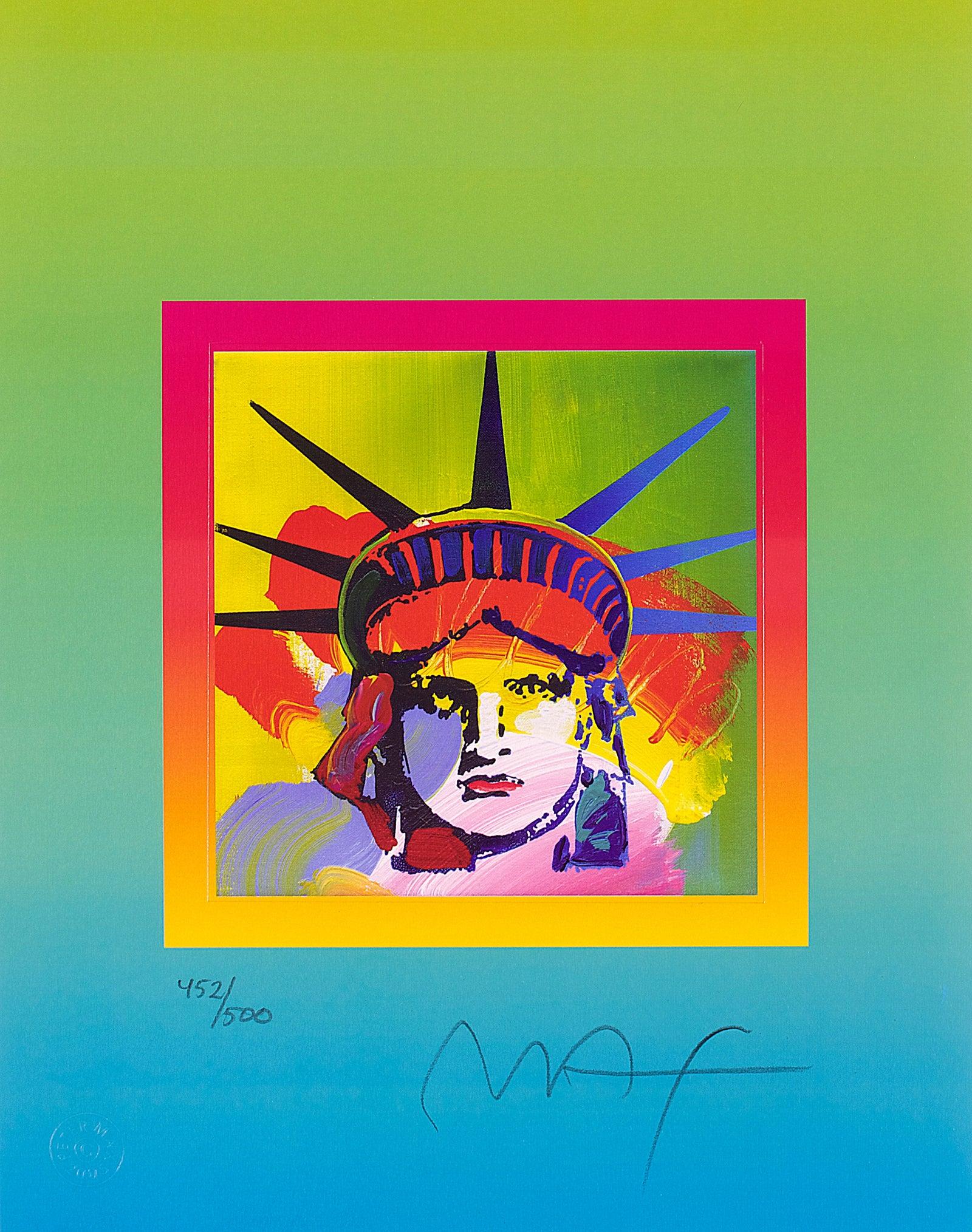Artist: Peter Max (1937)
Title: Liberty Head on Blends
Year: 2005
Edition: 452/500, plus proofs
Medium: Lithograph on Lustro Saxony paper
Size: 12.75 x 10 inches
Condition: Excellent
Inscription: Signed and numbered by the artist.
Notes: Published