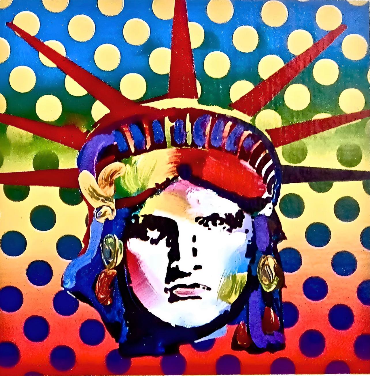 Artist: Peter Max (1937)
Title: Liberty Head V
Year: 2001
Edition: 454/500, plus proofs
Medium: Lithograph on Lustro Saxony paper
Size: 3.5 x 3 inches
Condition: Excellent
Inscription: Signed and numbered by the artist.
Notes: Published by Via Max.