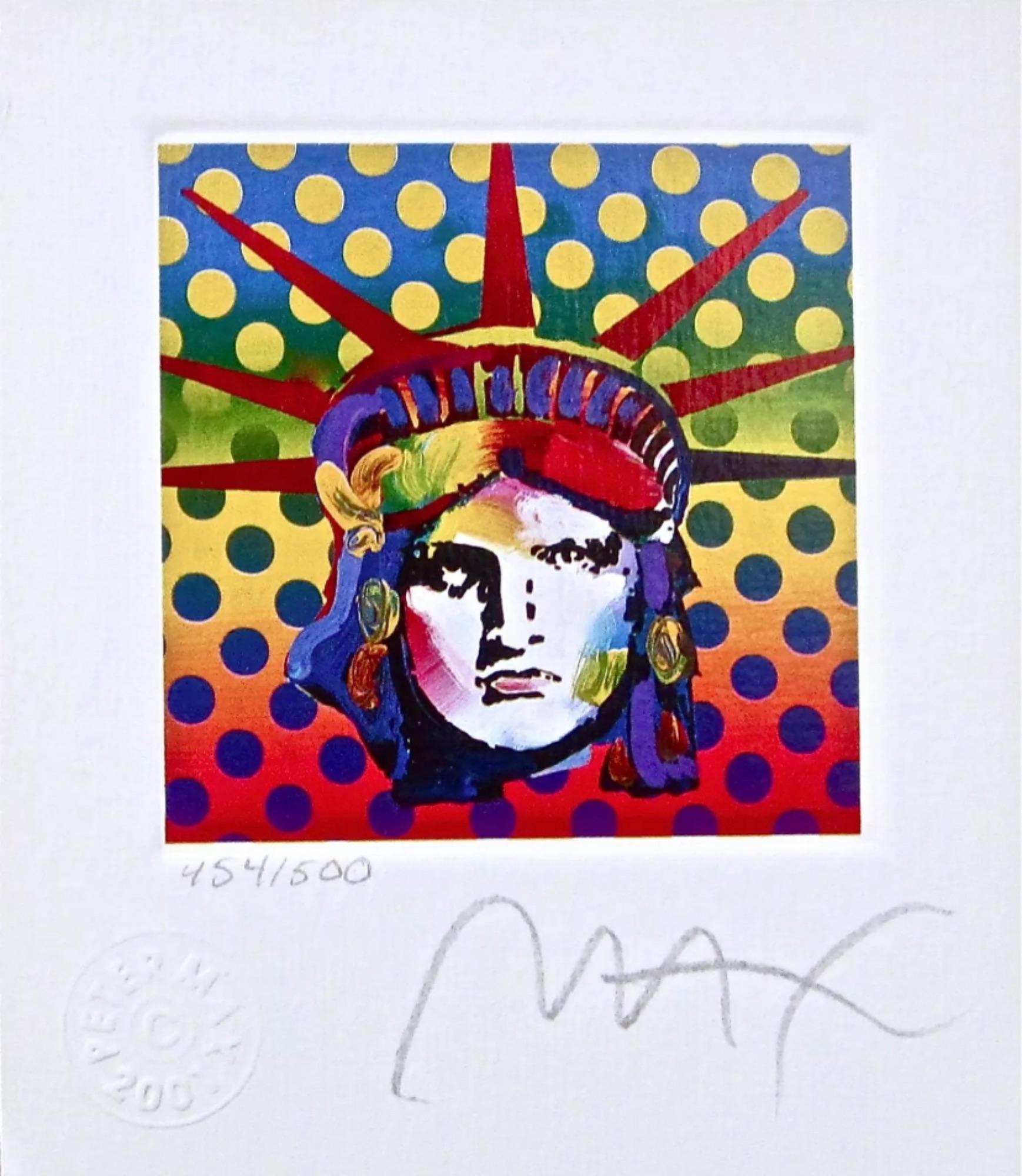 Artist: Peter Max (1937)
Title: Liberty Head V
Year: 2001
Edition: 500, plus proofs
Medium: Lithograph on Lustro Saxony paper
Size: 3.5 x 3 inches
Condition: Excellent
Inscription: Signed and numbered by the artist.
Notes: Published by Via
