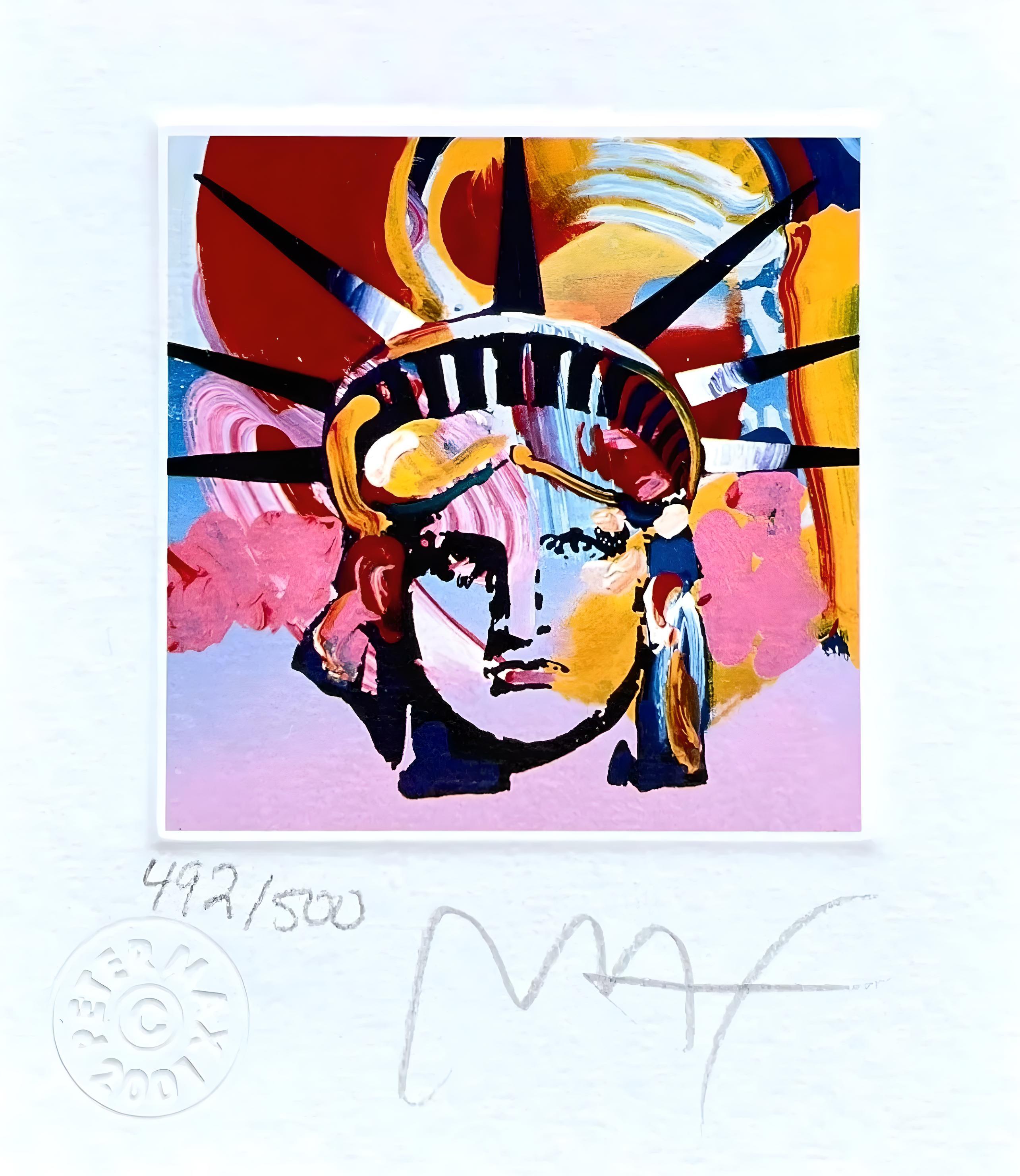 Artist: Peter Max (1937)
Title: Liberty Head VI
Year: 2001
Edition: 492/500, plus proofs
Medium: Lithograph on Lustro Saxony paper
Size: 3.5 x 3 inches
Condition: Excellent
Inscription: Signed and numbered by the artist.
Notes: Published by Via