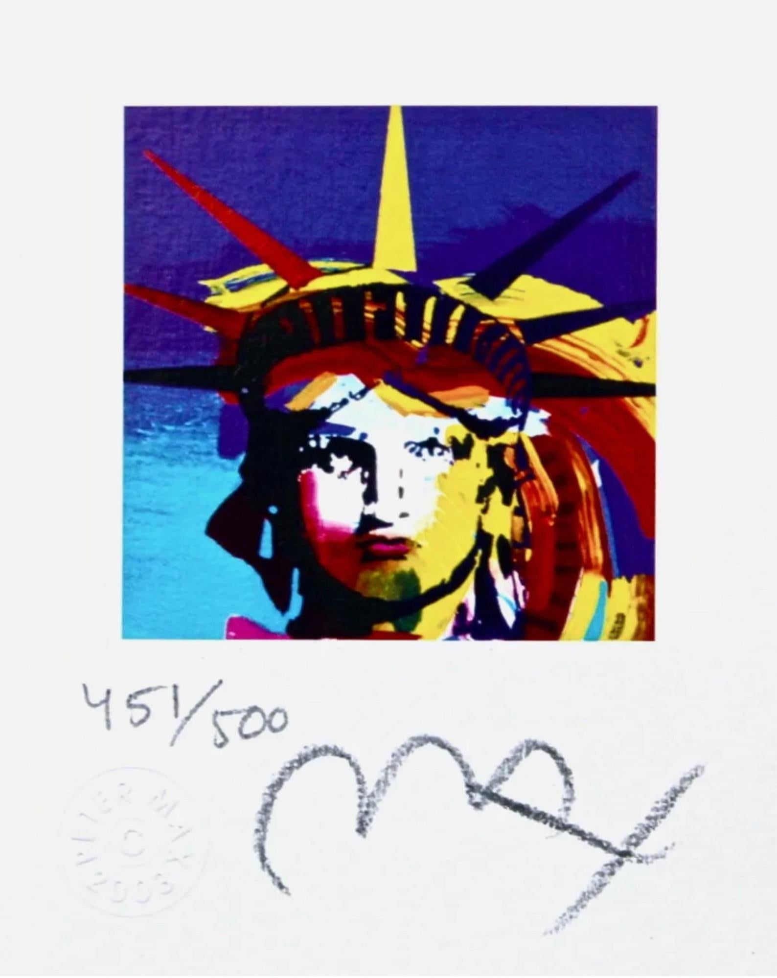Artist: Peter Max (1937)
Title: Liberty Head VII
Year: 2003
Edition: 500, plus proofs
Medium: Lithograph on Lustro Saxony paper
Size: 3.43 x 2.62 inches
Condition: Excellent
Inscription: Signed and numbered by the artist.
Notes: Published by Via