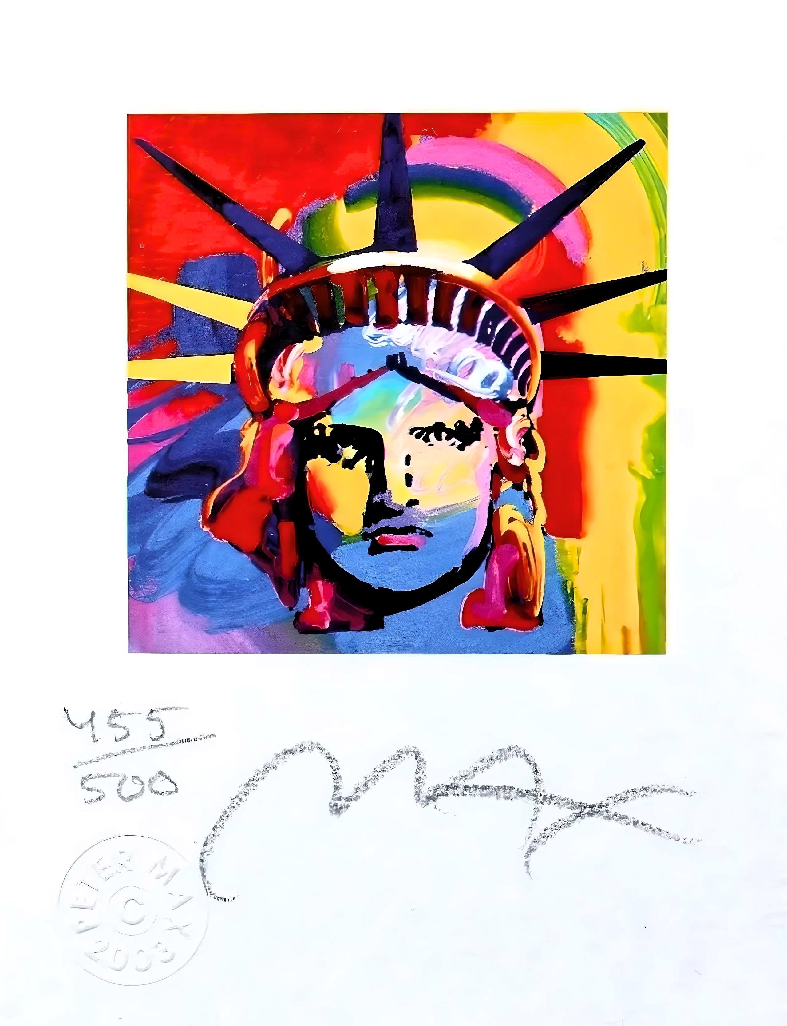 Artist: Peter Max (1937)
Title: Liberty Head VIII
Year: 2003
Edition: 455/500, plus proofs
Medium: Lithograph on Lustro Saxony paper
Size: 3.43 x 2.62 inches
Condition: Excellent
Inscription: Signed and numbered by the artist.
Notes: Published by
