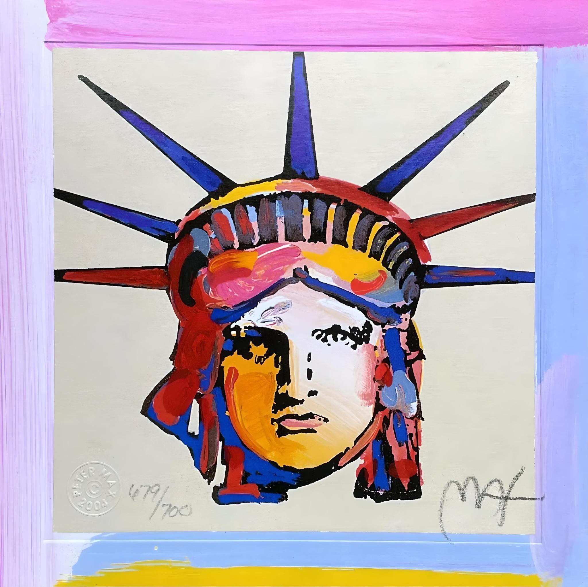 Artist: Peter Max (1937)
Title: Liberty Head X
Year: 2004
Edition: 679/700, plus proofs
Medium: Lithograph on Lustro Saxony paper
Size: 7 x 6.87 inches
Condition: Excellent
Inscription: Signed and numbered by the artist.
Notes: Published by Via