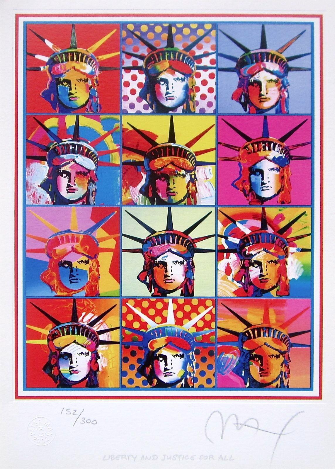 Artist: Peter Max (1937)
Title: Liberty & Justice for All
Year: 2002
Edition: 300, plus proofs
Medium: Lithograph on Lustro Saxony paper
Size: 12.5 x 9 inches
Condition: Excellent
Inscription: Signed and numbered by the artist.
Notes: Published by