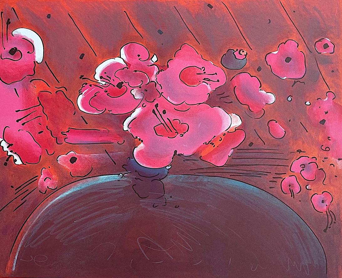 MARILYN'S FLOWERS II, lithographie signée, floral abstrait, orange, rose, Brown - Print de Peter Max