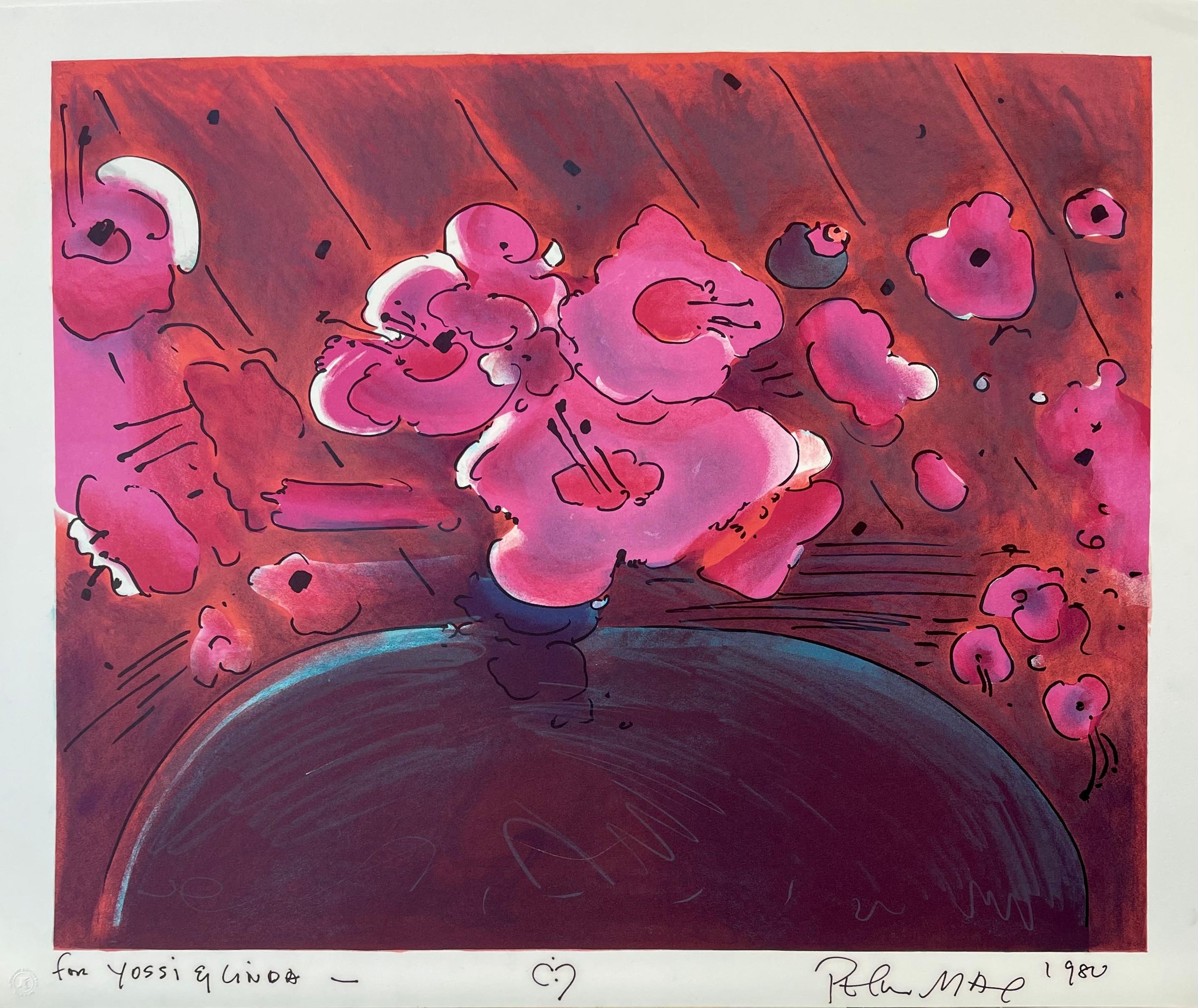 Interior Print de Peter Max - FLORES DE MARILYN II, Litografía firmada, Floral abstracto, Naranja, Rosa, Marrón