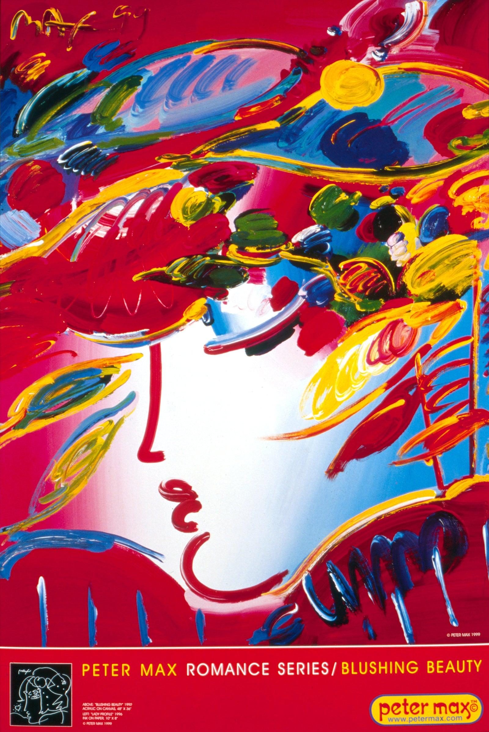 Title: Blushing Beauty
Year: 1999
Medium: Offset lithograph in colors on gloss archival paper
Size: 24 x 36 inches
Inscription: Hand signed by Peter Max in ink and unnumbered, as issued
Notes: Published and printed by Via Max, Inc., New York, 1999.