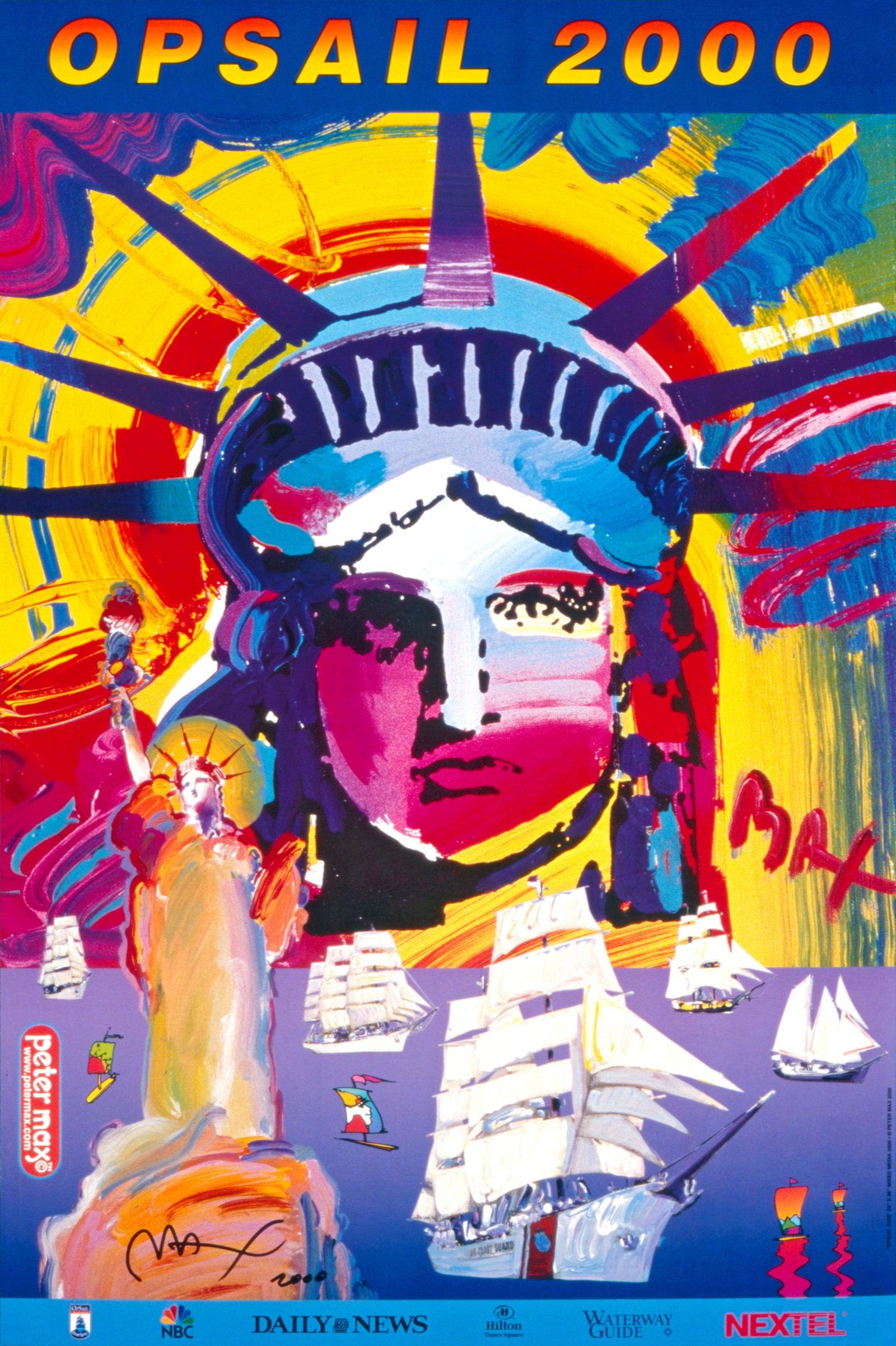 Titel: OPSAIL
Jahr: 2000
Medium: Offsetlithografie in Farben auf glänzendem Archivpapier
Größe: 36 x 24 Zoll
Beschriftung: Handsigniert von Peter Max in Tinte und nicht nummeriert, wie ausgegeben
Anmerkungen: Veröffentlicht und gedruckt von Via Max,