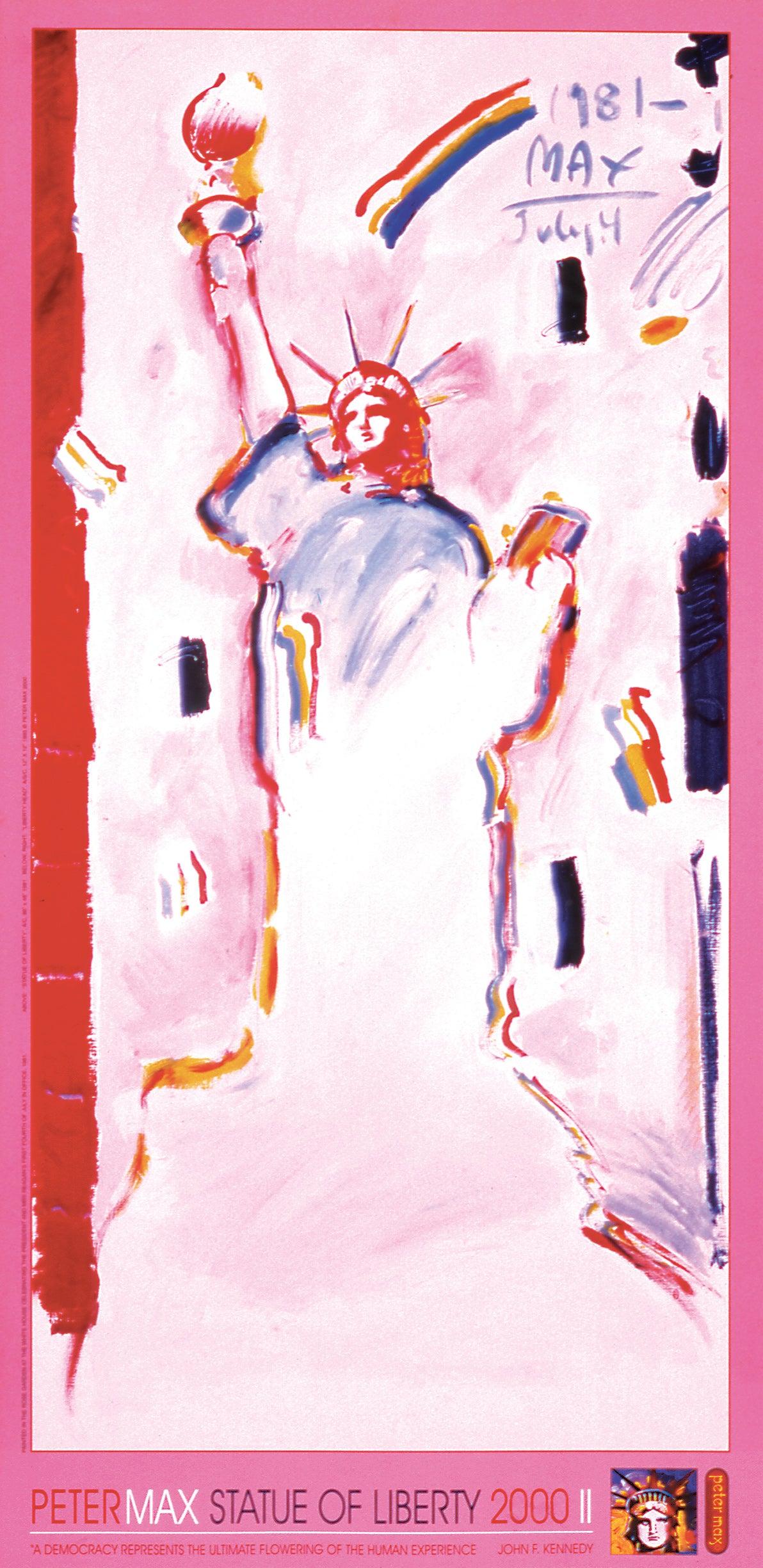 Title: Statue of Liberty II
Year: 2000
Medium: Offset lithograph in colors on gloss archival paper
Size: 36 x 24 inches
Inscription: Hand signed by Peter Max in ink and unnumbered, as issued
Notes: Published and printed by Via Max, Inc., New York,