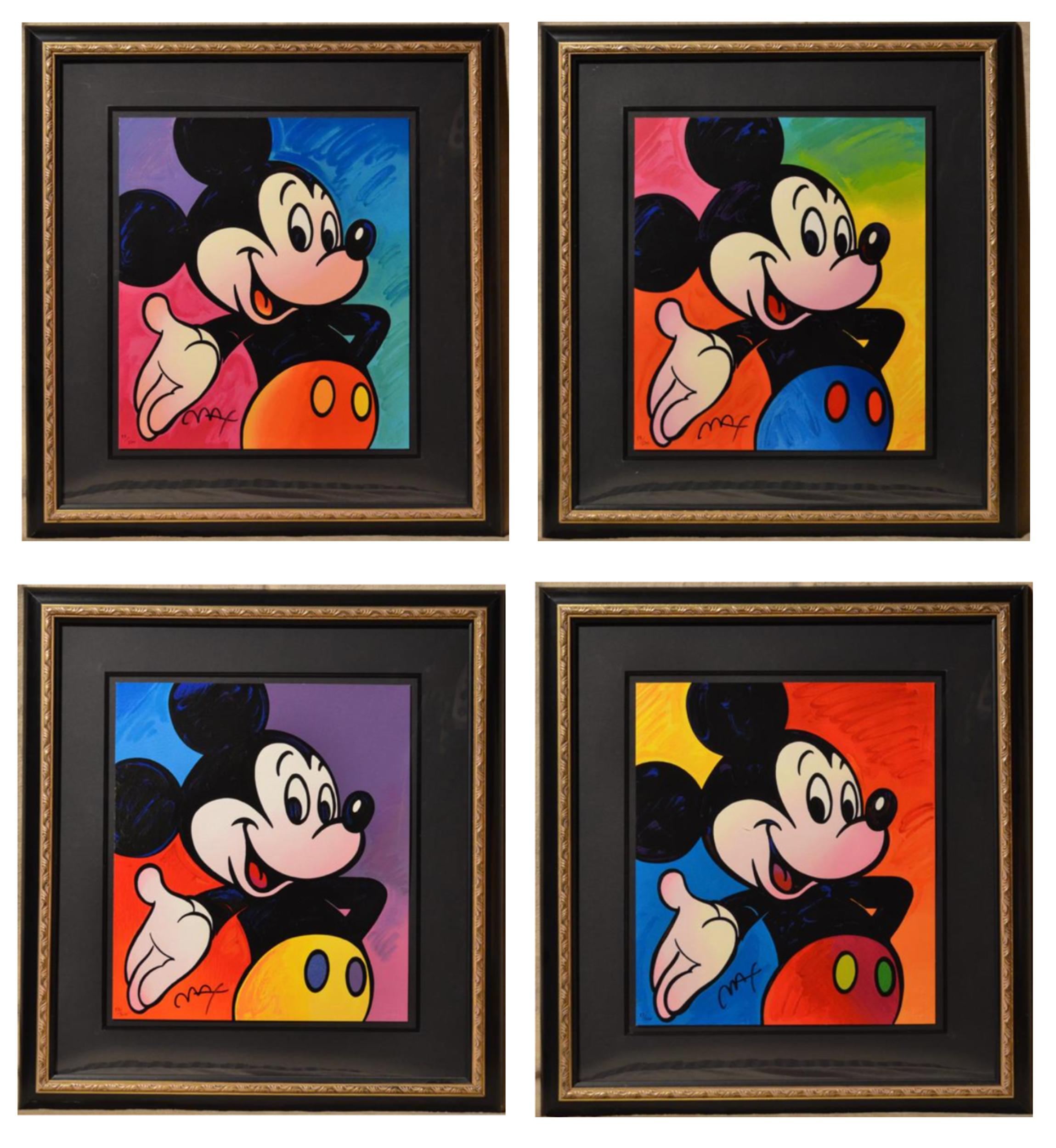 Eine Serie von vier Pop-Art-Siebdrucken der famosen Disney-Figur Mickey Mouse des psychedelischen Künstlers Peter Max. Jedes Stück ist hübsch gerahmt und vom Künstler signiert.

Micky Maus
Peter Max, deutsch/amerikanisch (1937)
Datum: 1995
Vier